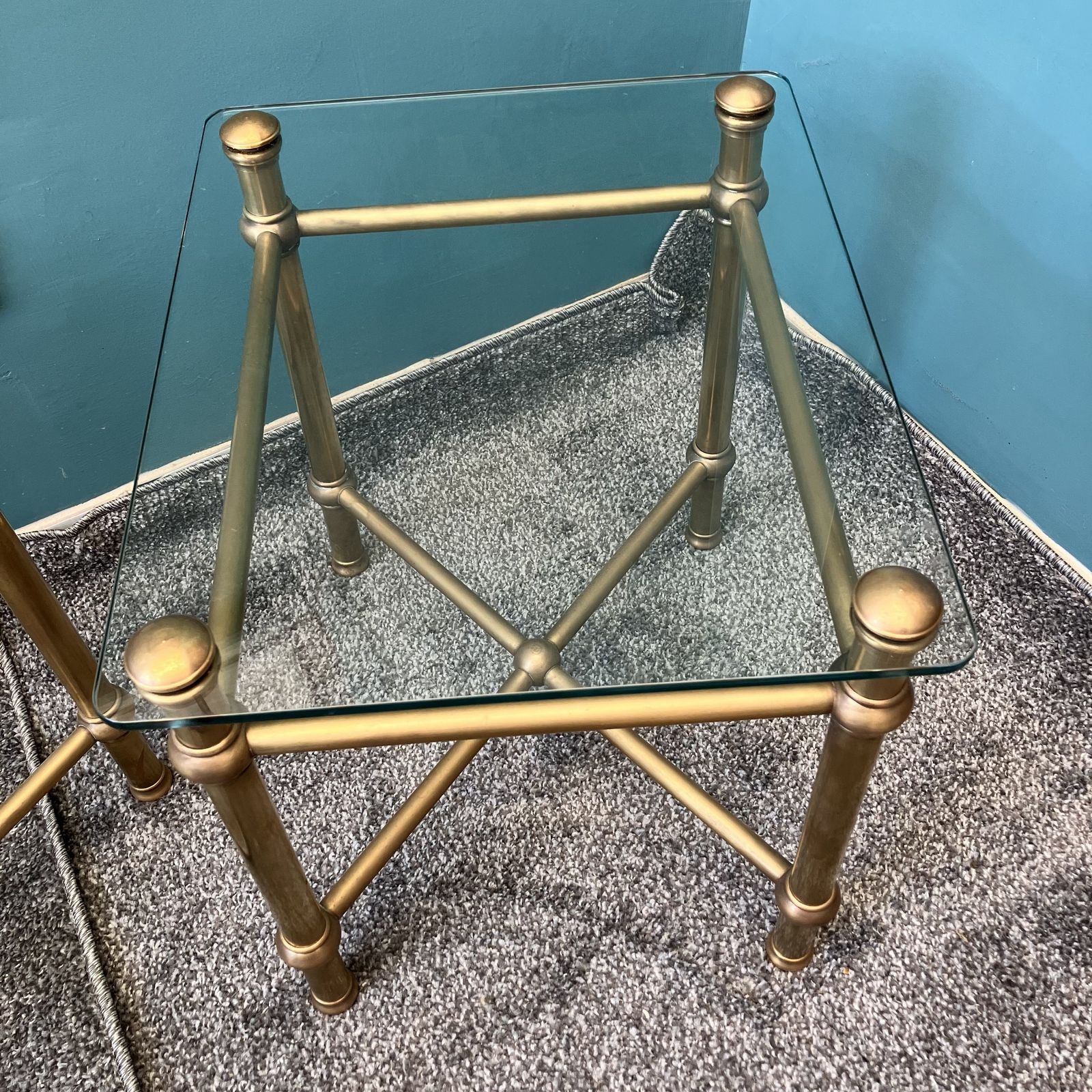 A Pair Of Art Deco Style Italian Brass And Glass Side Tables photo vinterior
