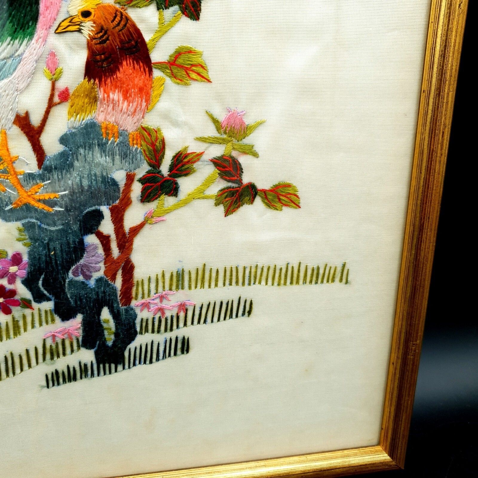 Vintage Chinese Silk Embroidery Birds & Flowers Framed Wall Art Pair photo vintage