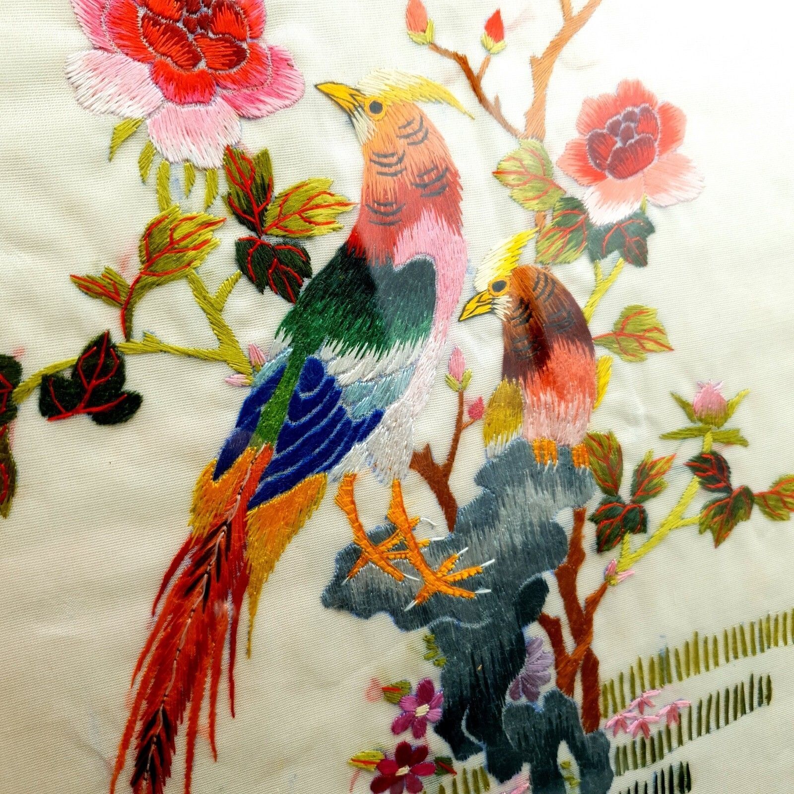 photo furniture Vintage Chinese Silk Embroidery Birds & Flowers Framed Wall Art Pair