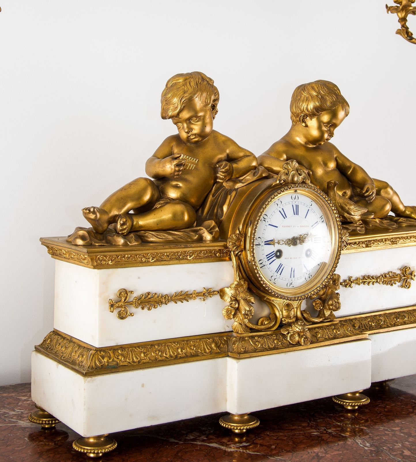 Fine 19th Century French Ormolu & White Marble Clock Garniture With Cherubs photo furniture