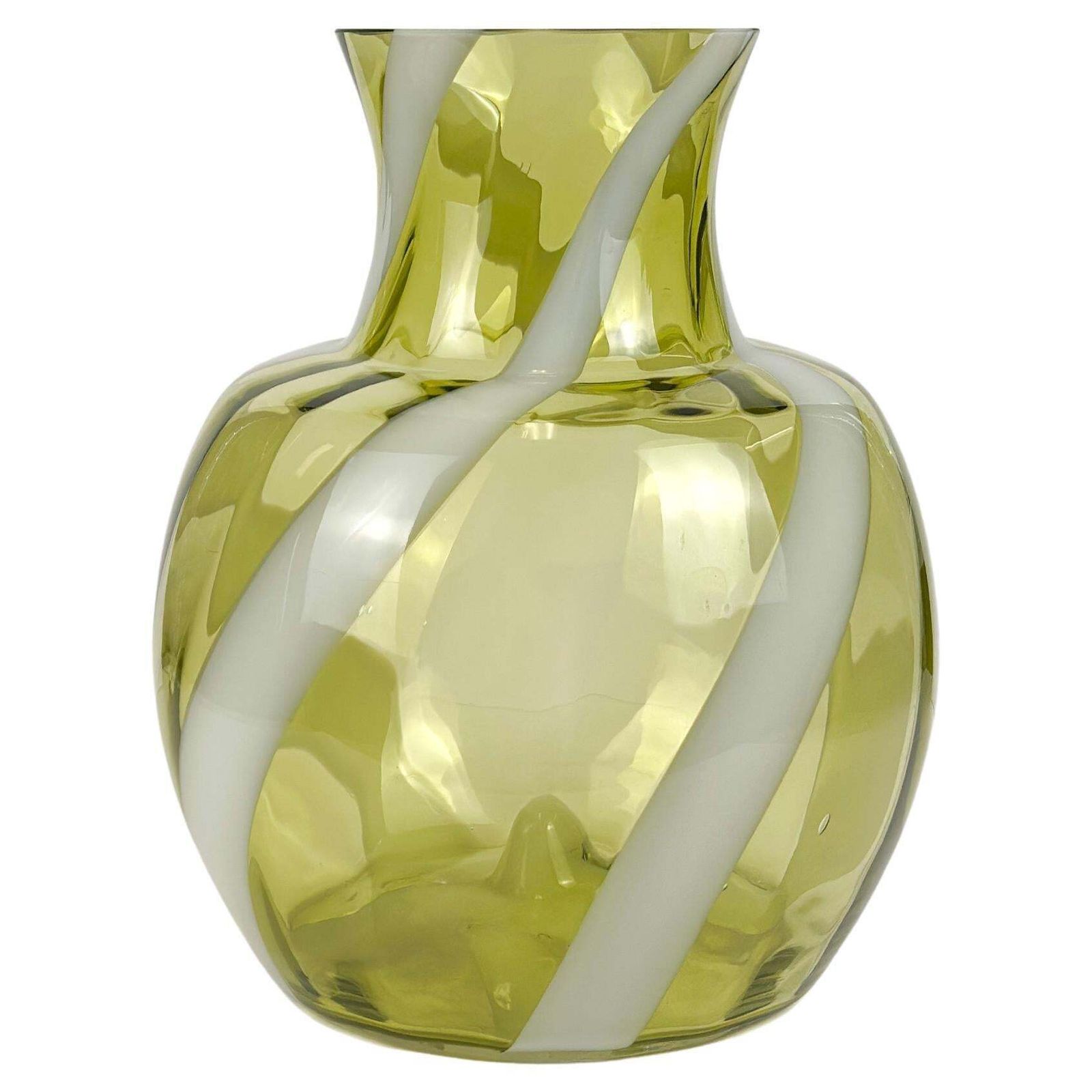 Lime Green Glass Vase, White Swirl Stripe, Italian Mid Century 1960s