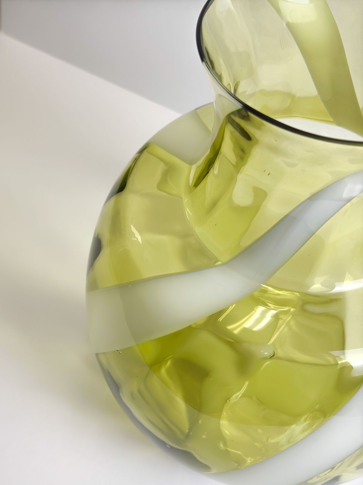 Lime Green Glass Vase, White Swirl Stripe, Italian Mid Century 1960s photo furniture