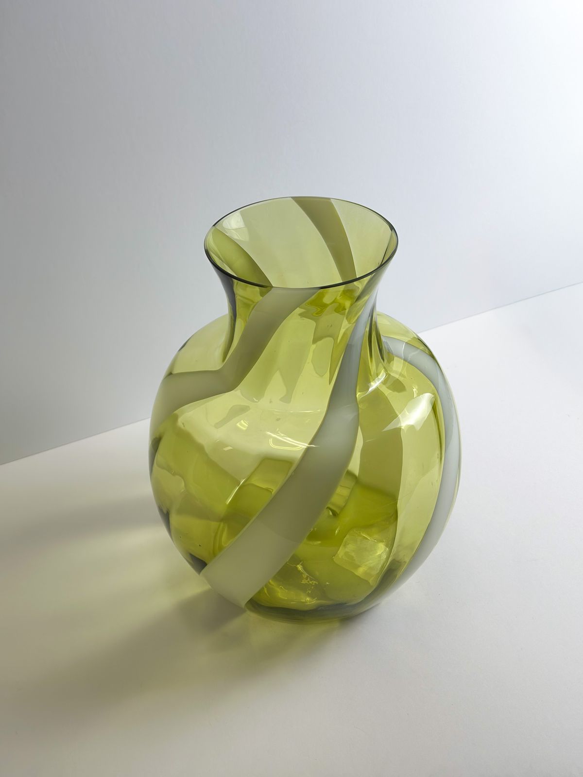 photo furniture Lime Green Glass Vase, White Swirl Stripe, Italian Mid Century 1960s
