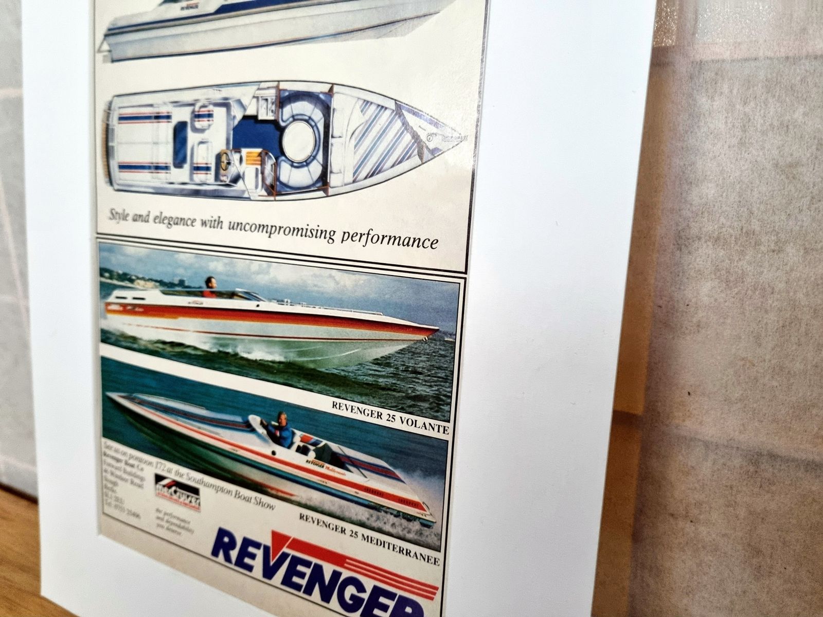 Luxury Speedboat Advert Print, Revenger Powerboat Design, 1980s Marine Magazine Advertisement, British Performance Boat photo furniture