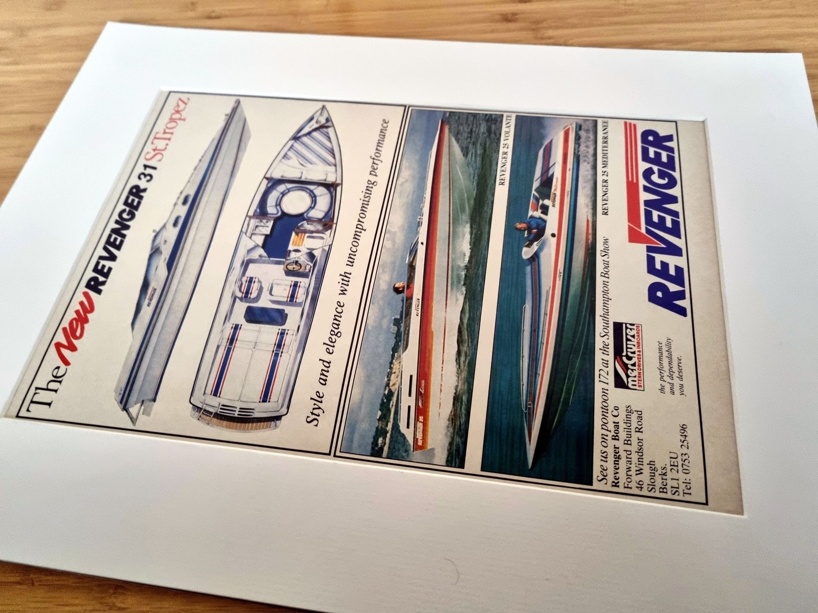 Luxury Speedboat Advert Print, Revenger Powerboat Design, 1980s Marine Magazine Advertisement, British Performance Boat photo Art