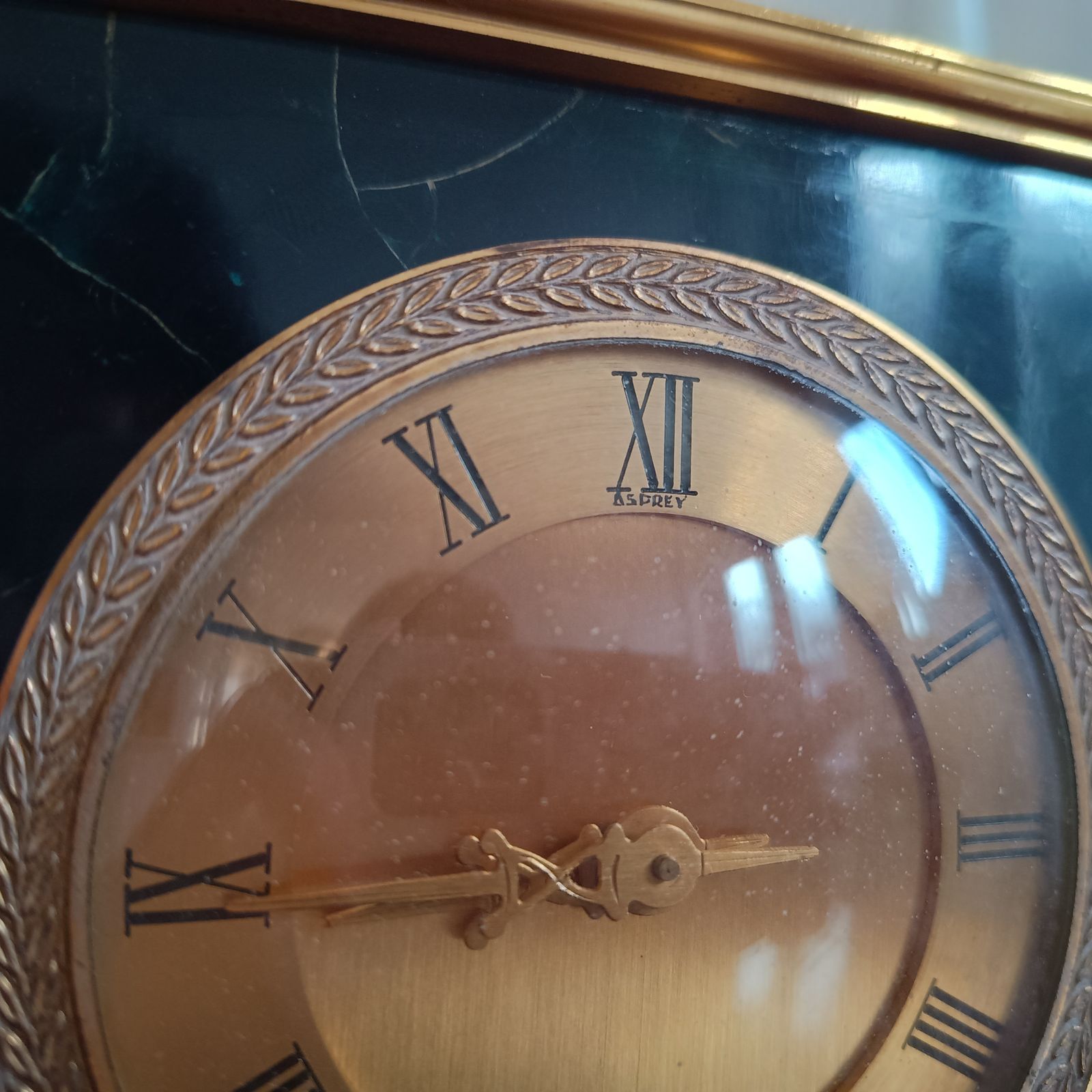 photo for sale Hollywood Regency Mechanical Hour Lavigne Clock For Asprey: Ormolu And Crackle Ice Lucite Faux Green Marble