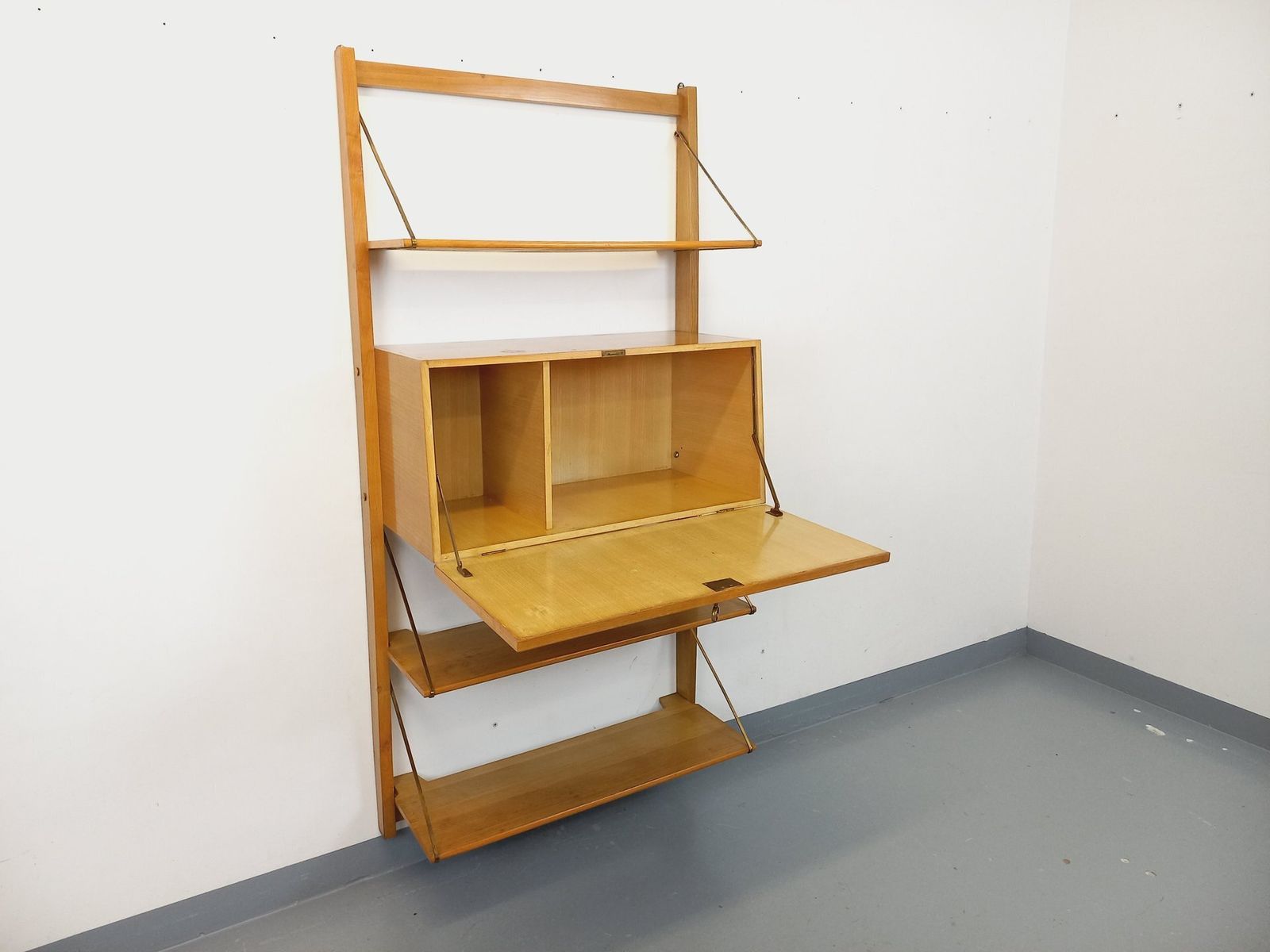 Wall Mounted Bookcase With Secretary Desk, Made Of Wood And Brass photo for sale