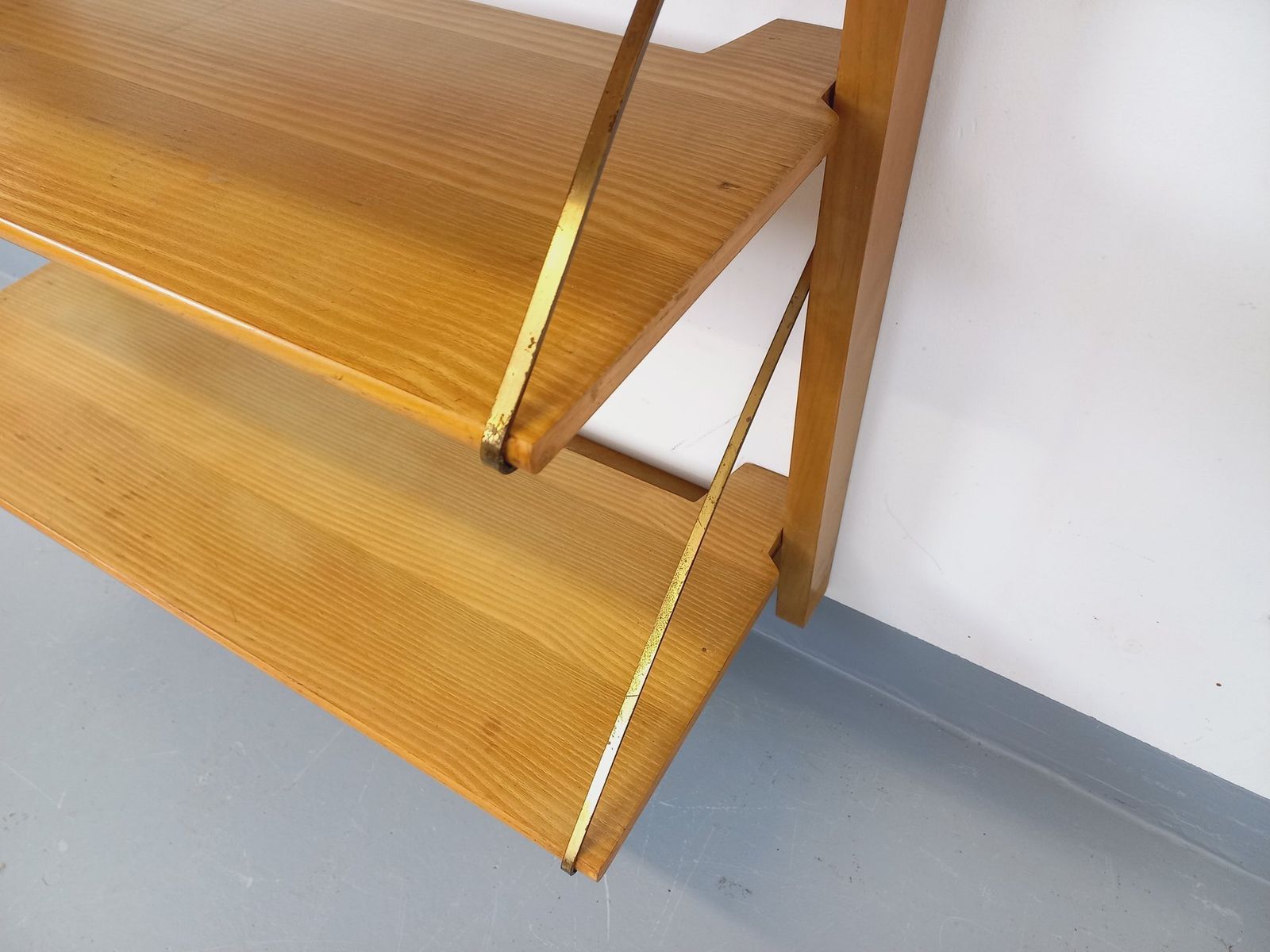 Wall Mounted Bookcase With Secretary Desk, Made Of Wood And Brass photo 1804.0