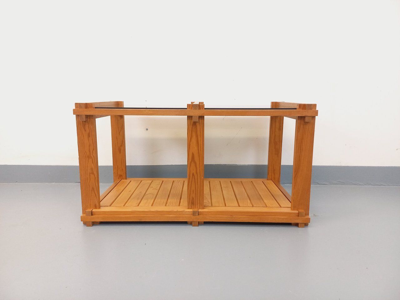 Rectangular Coffee Table From The 1970s In Pine And Smoked Glass photo for sale