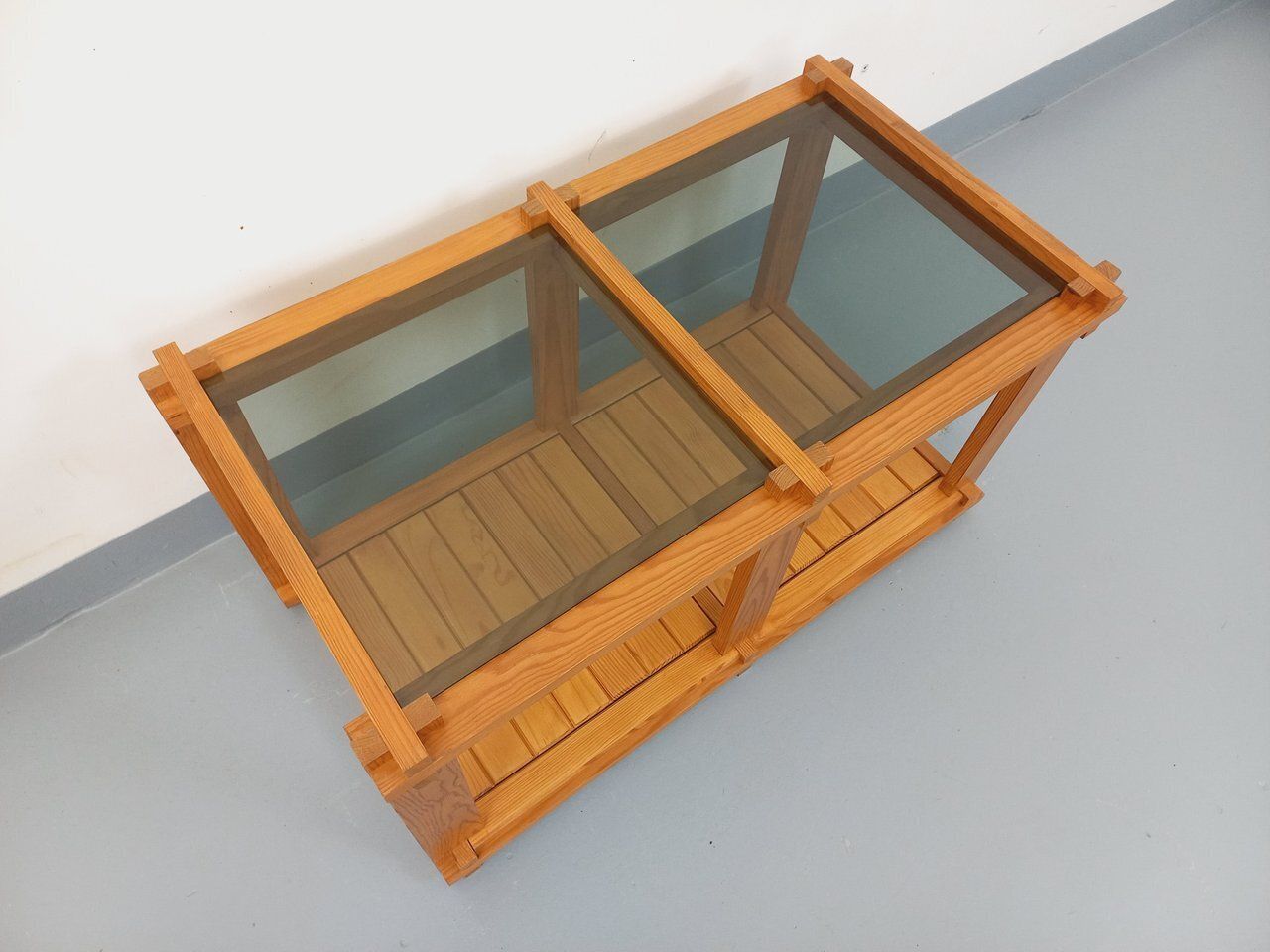 photo for sale Rectangular Coffee Table From The 1970s In Pine And Smoked Glass