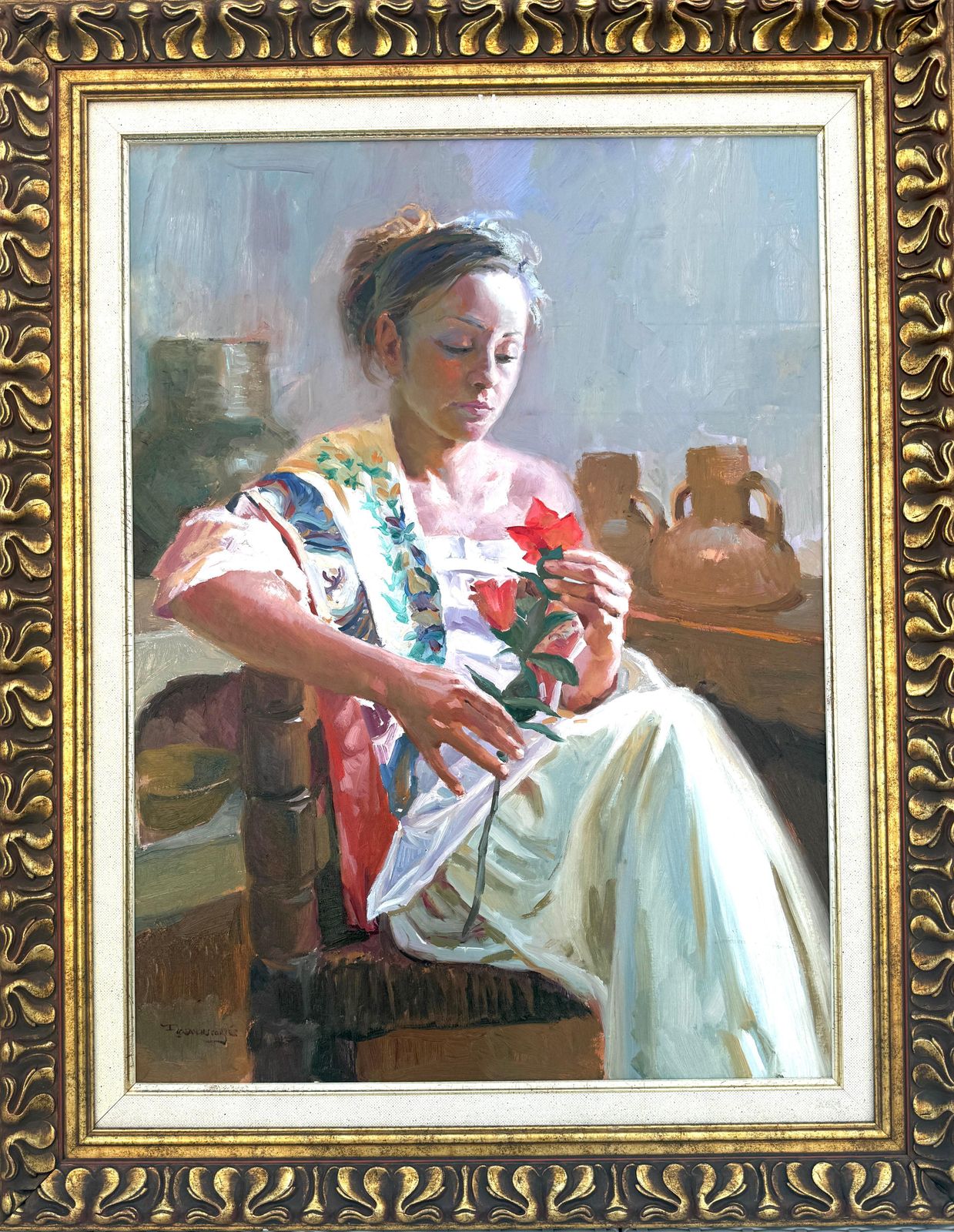 Francisco Sanchis Cortés Woman With Red Flower Oil On Canvas Painting photo furniture