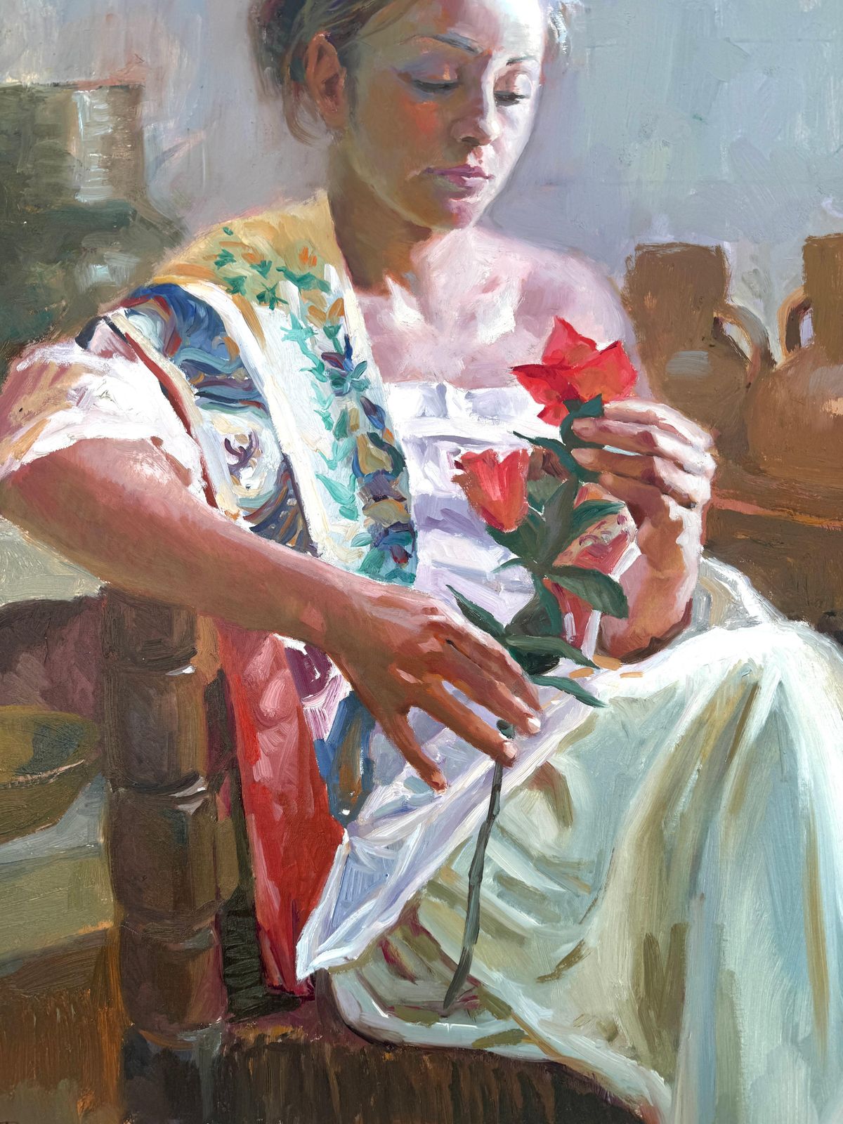 Francisco Sanchis Cortés Woman With Red Flower Oil On Canvas Painting photo buy
