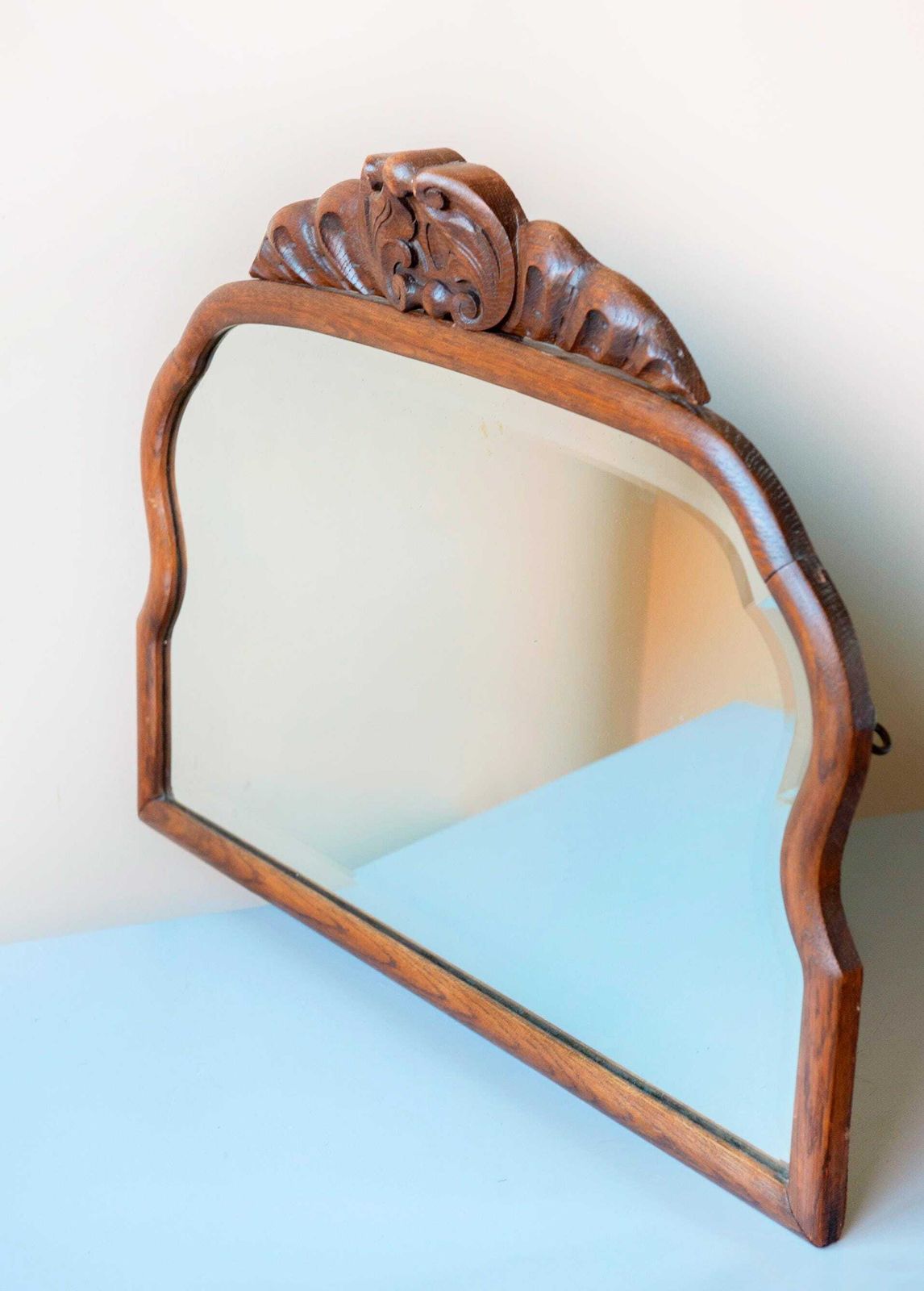Large Antique Wooden Mantel Mirror – Scalloped Frame With Carved Crest – Beveled Glass – Victorian Style photo Home Decor