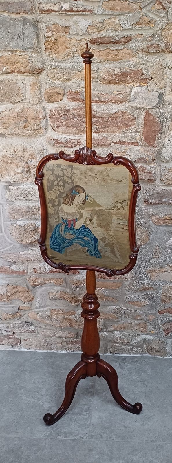 Antique Carved Rosewood Pole Screen With A Tapestry Panel photo furniture