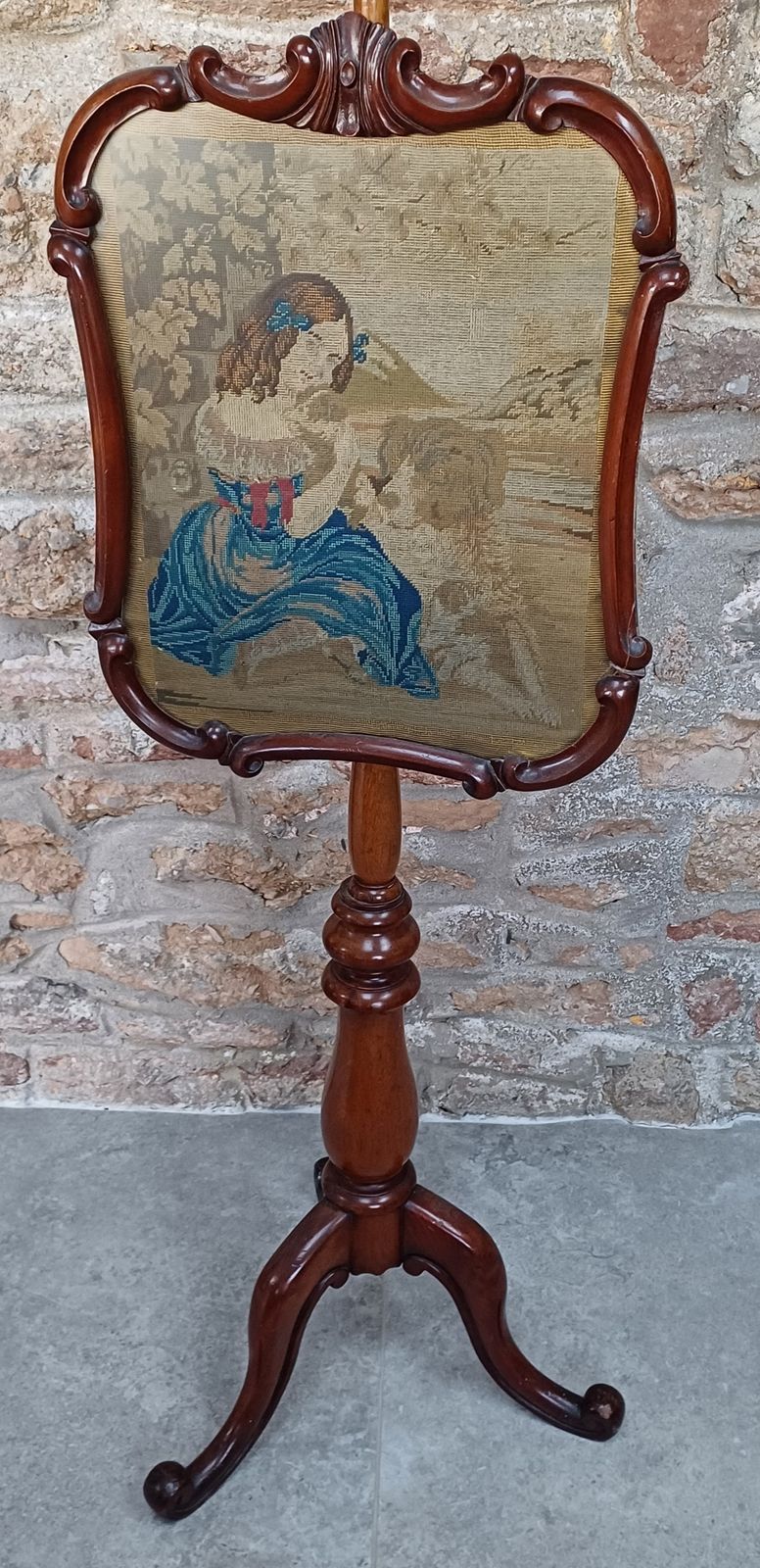 Antique Carved Rosewood Pole Screen With A Tapestry Panel photo for sale
