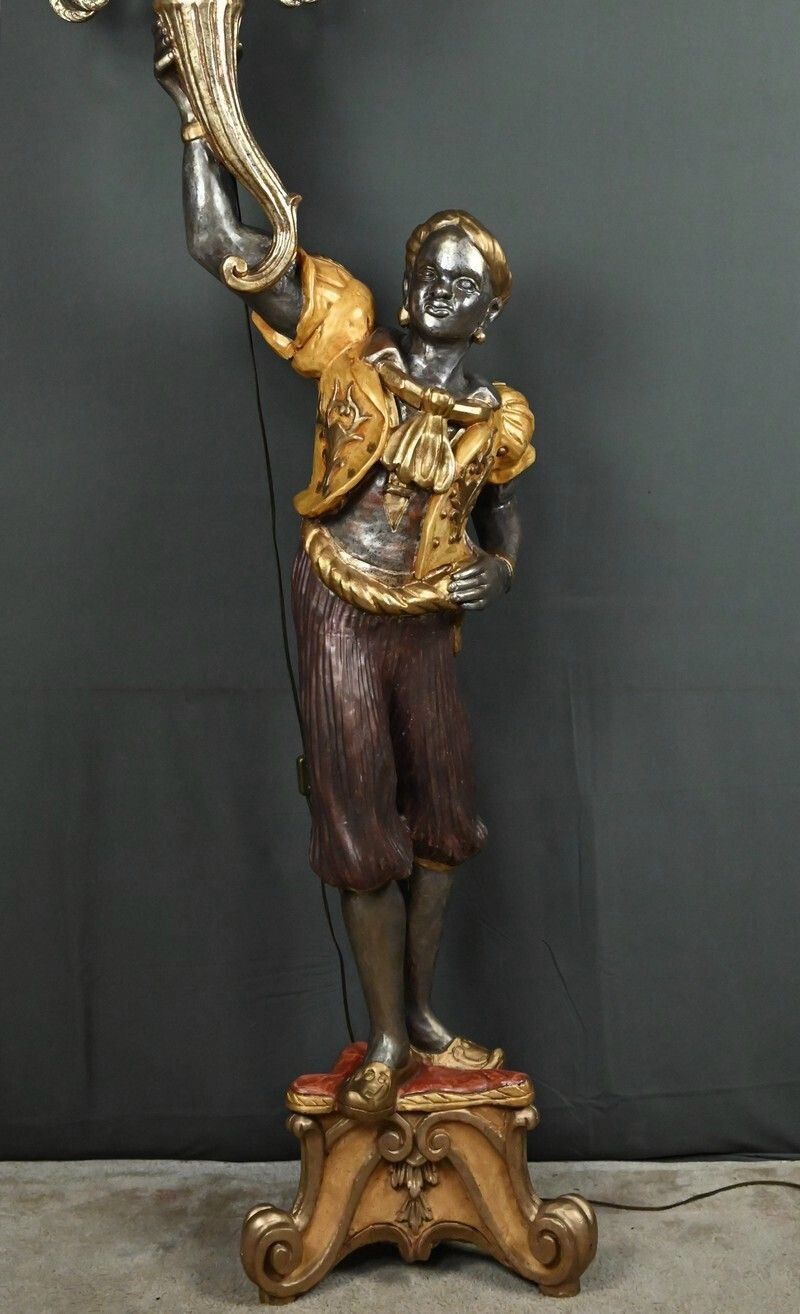 Nubian Torch Holder In Polychrome Wood, Venetian Style – First Half Of The 20th Century photo vinterior
