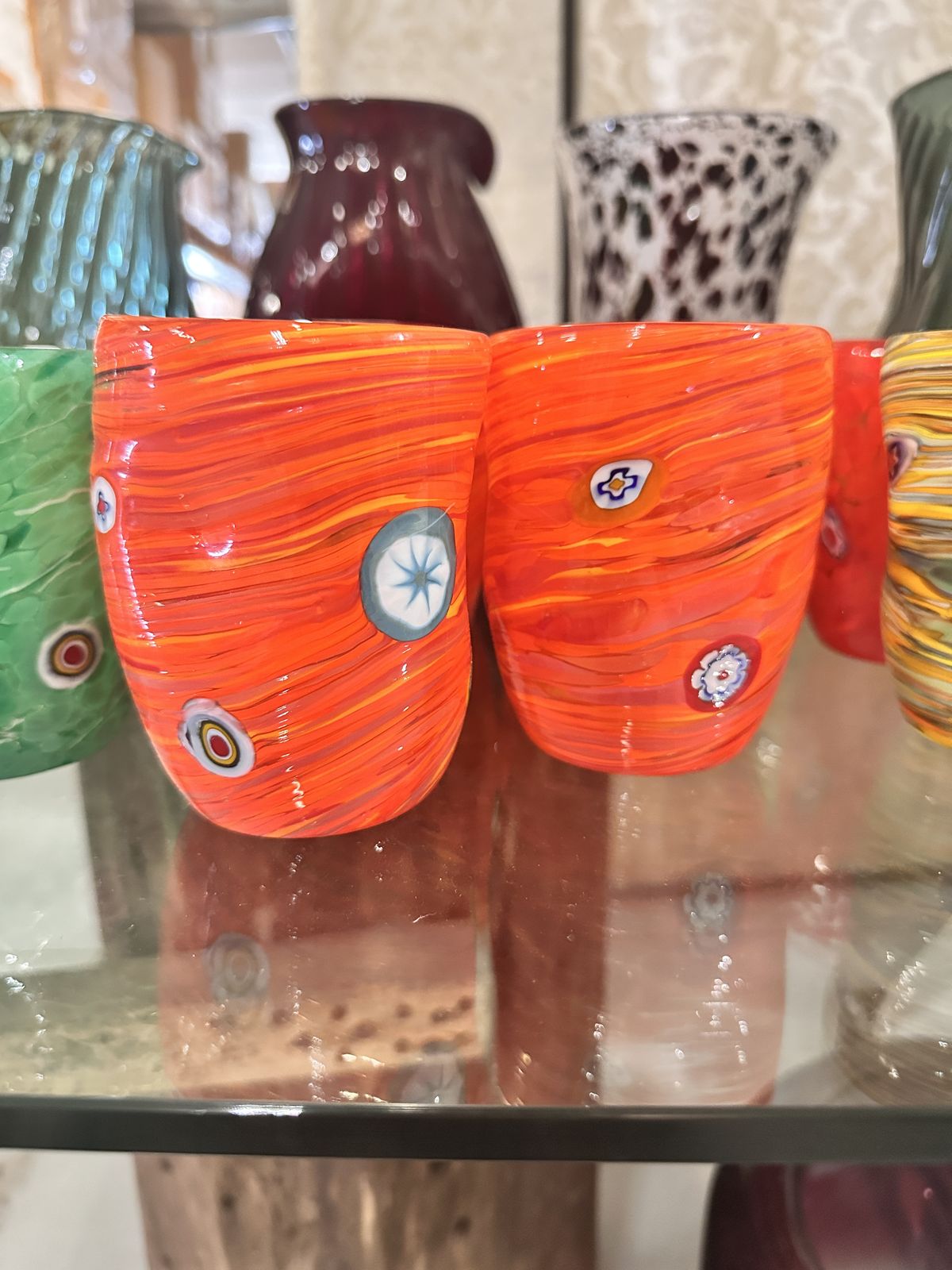 Contemporary Lively Amber Rods And Murrine Murano Glass – Set Of 6 photo for sale