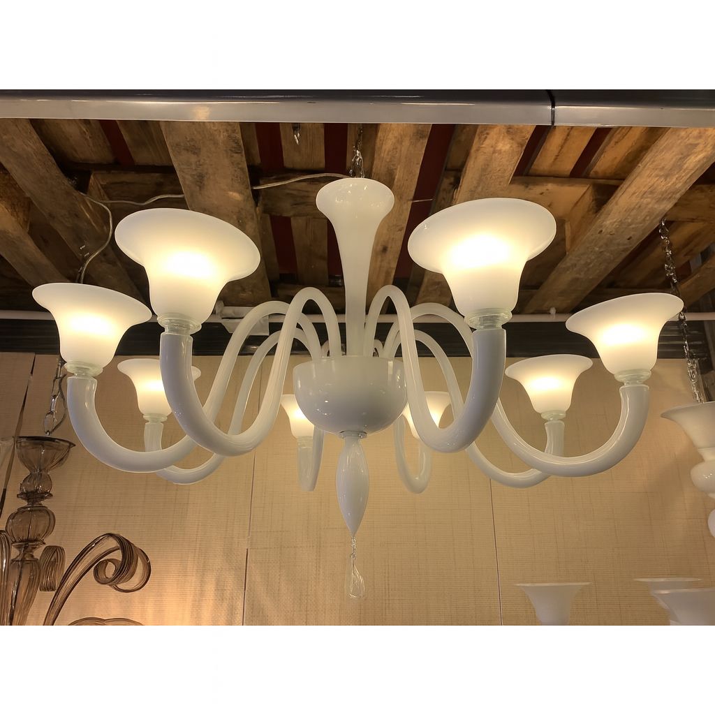 Italian Contemporary White Murano Glass Chandelier In Decò Style photo Lighting