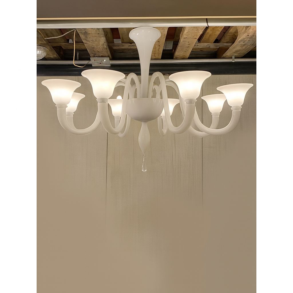 Italian Contemporary White Murano Glass Chandelier In Decò Style photo vintage