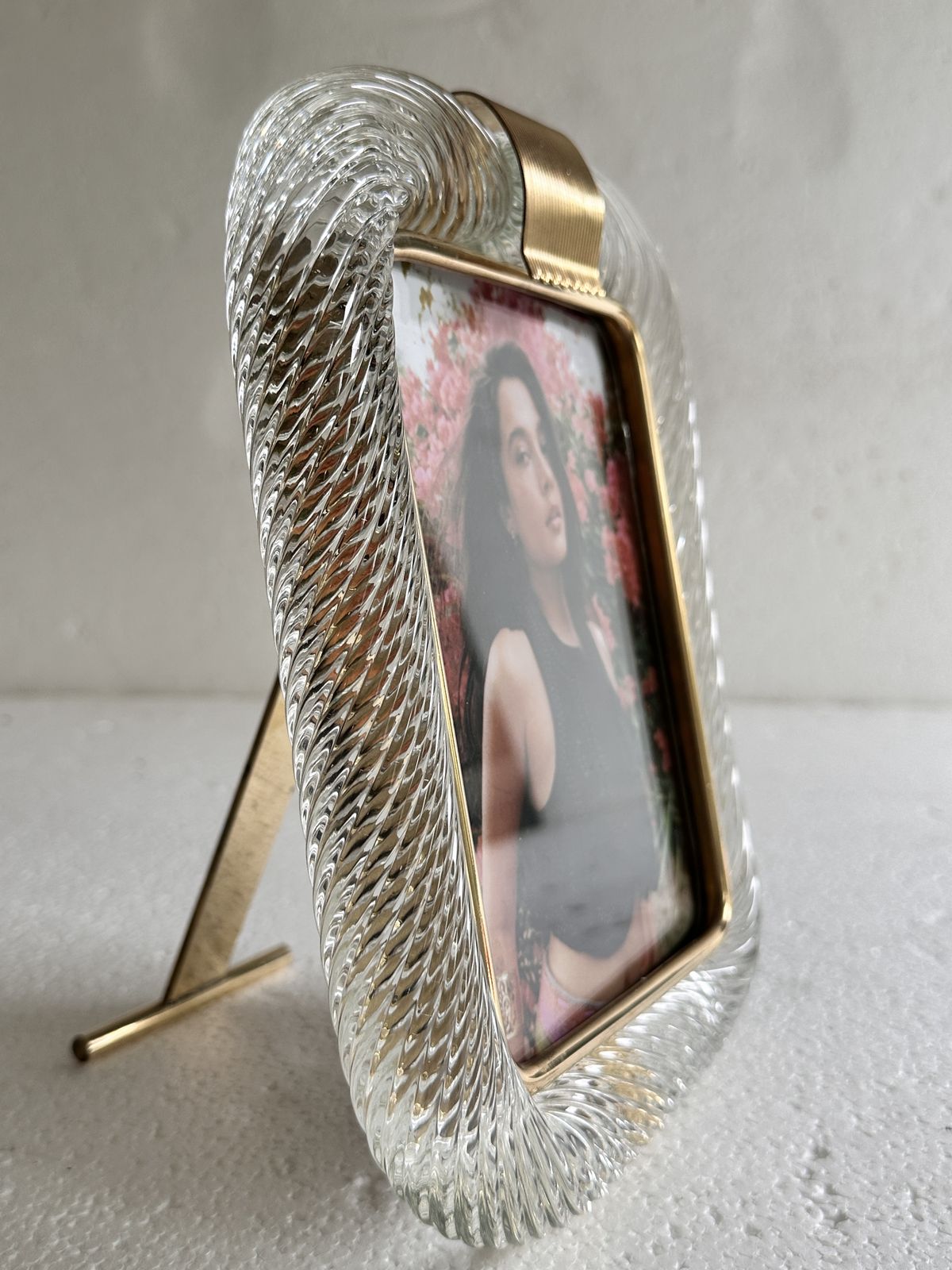 Mid Century Modern Style Transparent “Torchon” Murano Glass Picture Frame And Unaquered Brass photo buy