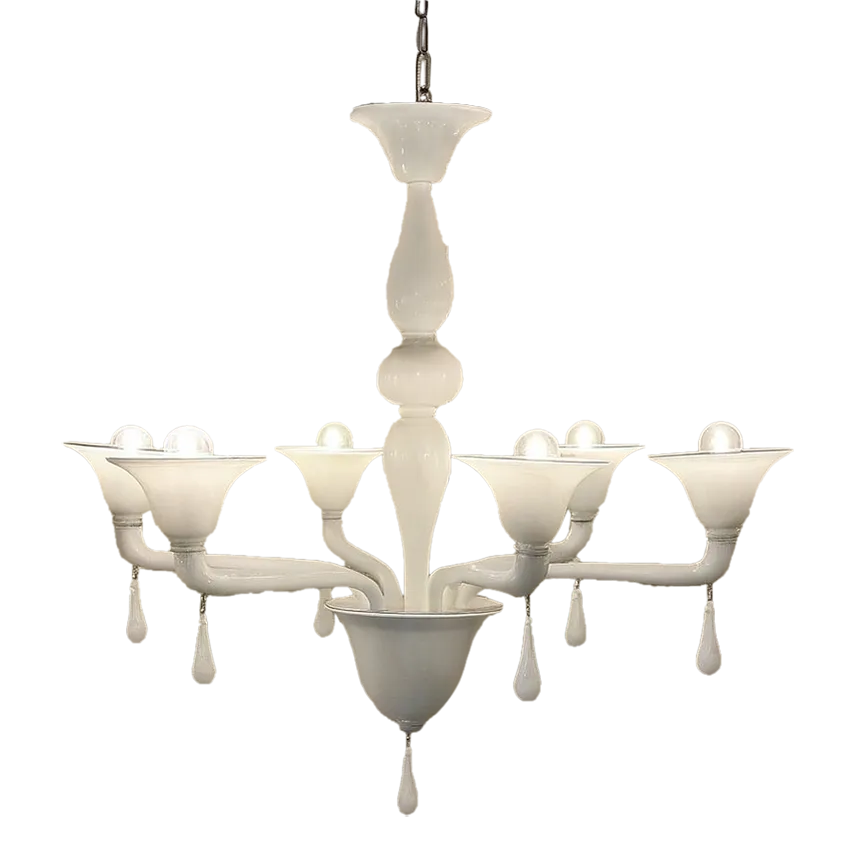 Contemporary Italian 6 Arms White Murano Glass Chandelier