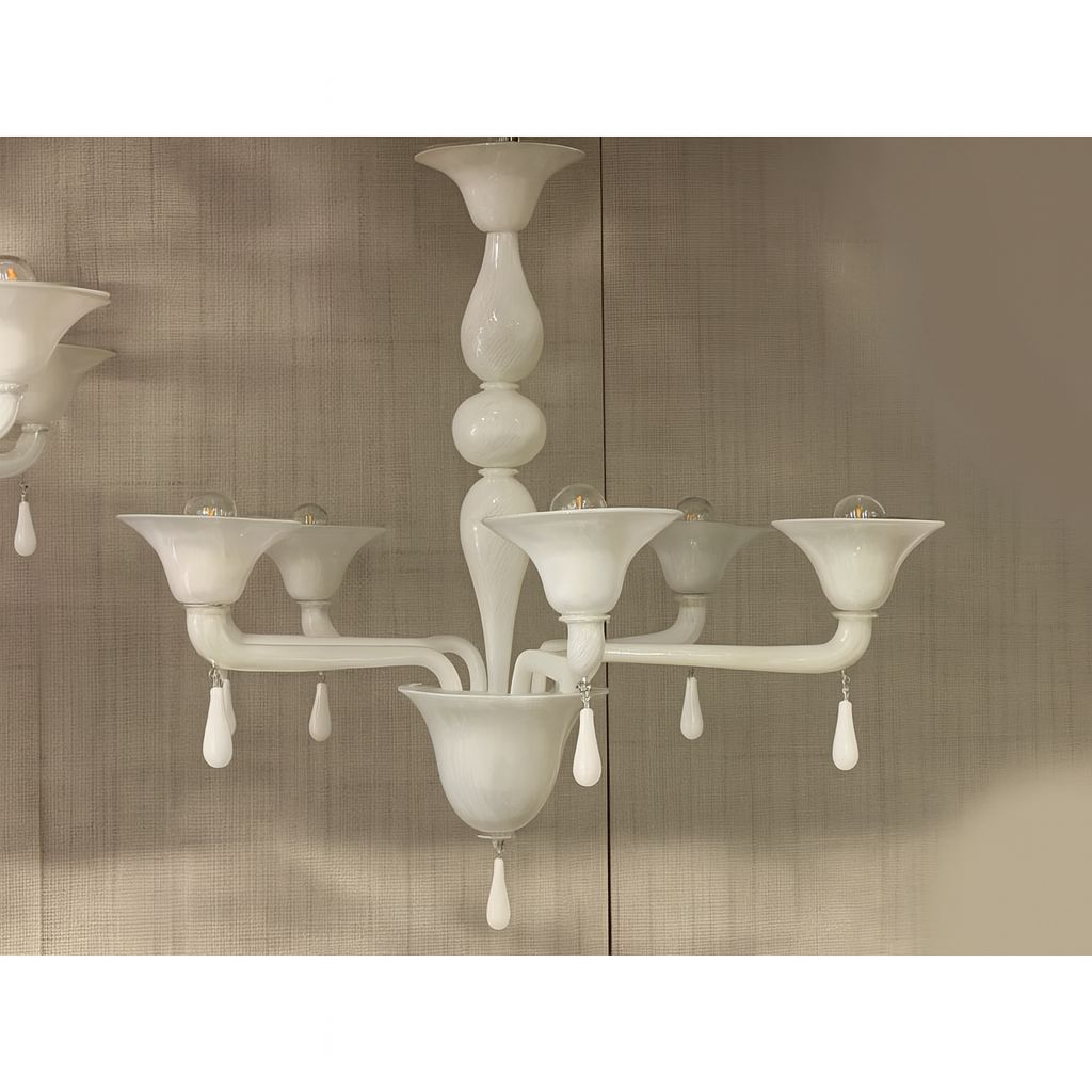 Contemporary Italian 6 Arms White Murano Glass Chandelier photo Lighting