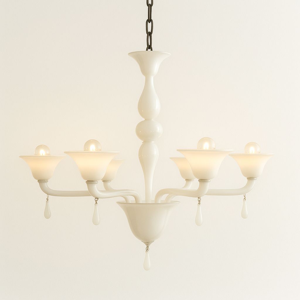 Contemporary Italian 6 Arms White Murano Glass Chandelier photo 6261.0