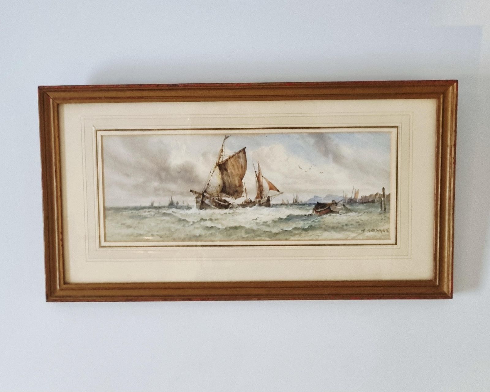 Original Antique Watercolour Depicting Tall Ships By W Stewart