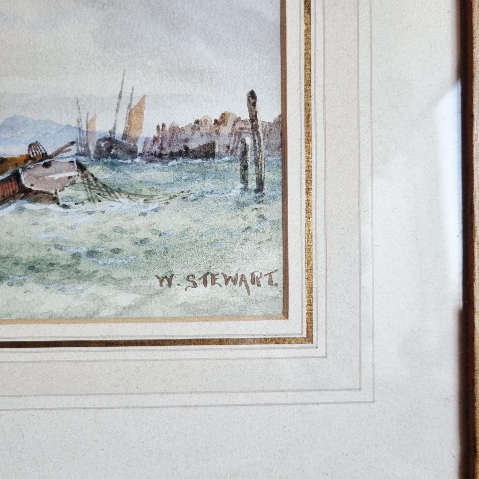 Original Antique Watercolour Depicting Tall Ships By W Stewart photo Art