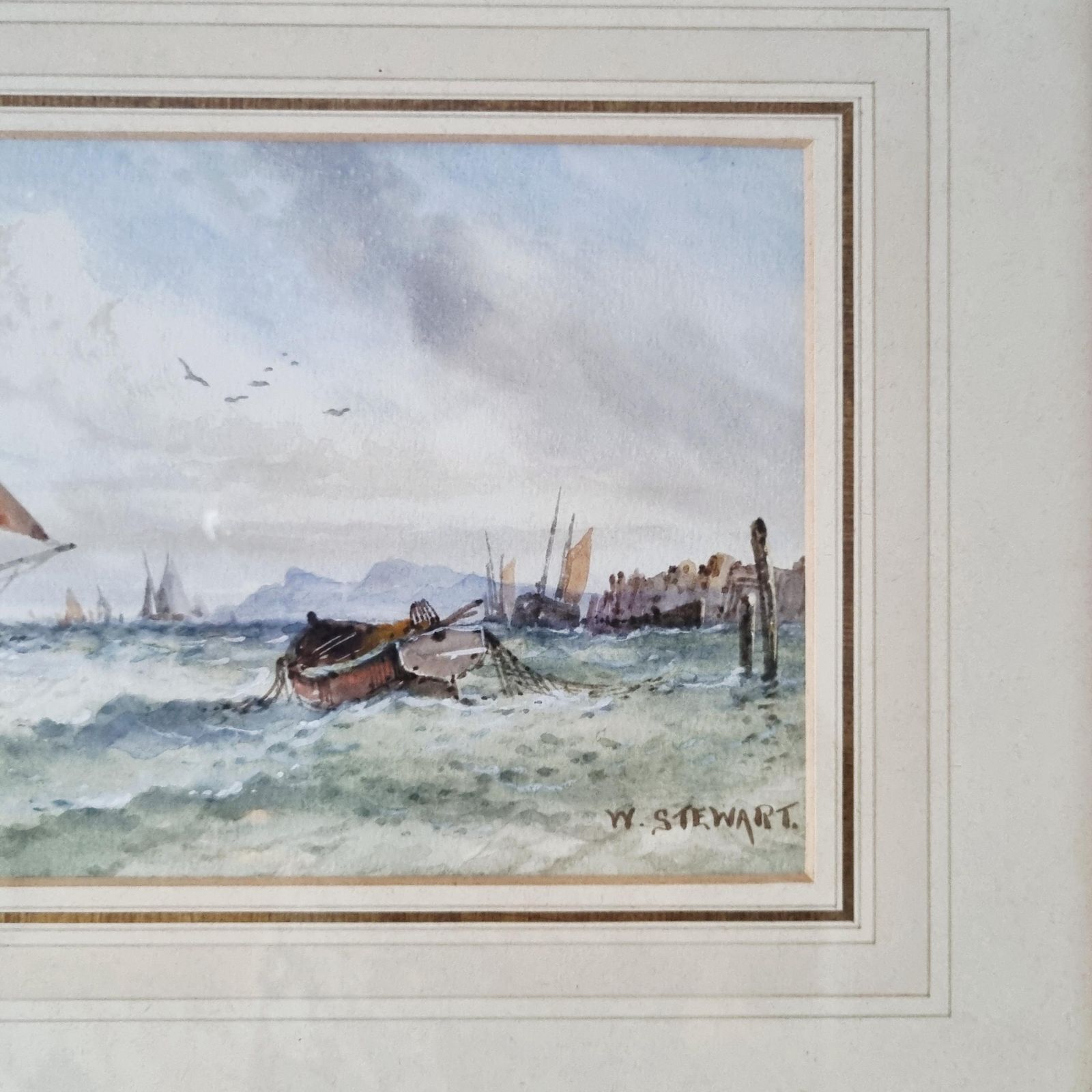 Original Antique Watercolour Depicting Tall Ships By W Stewart photo vintage