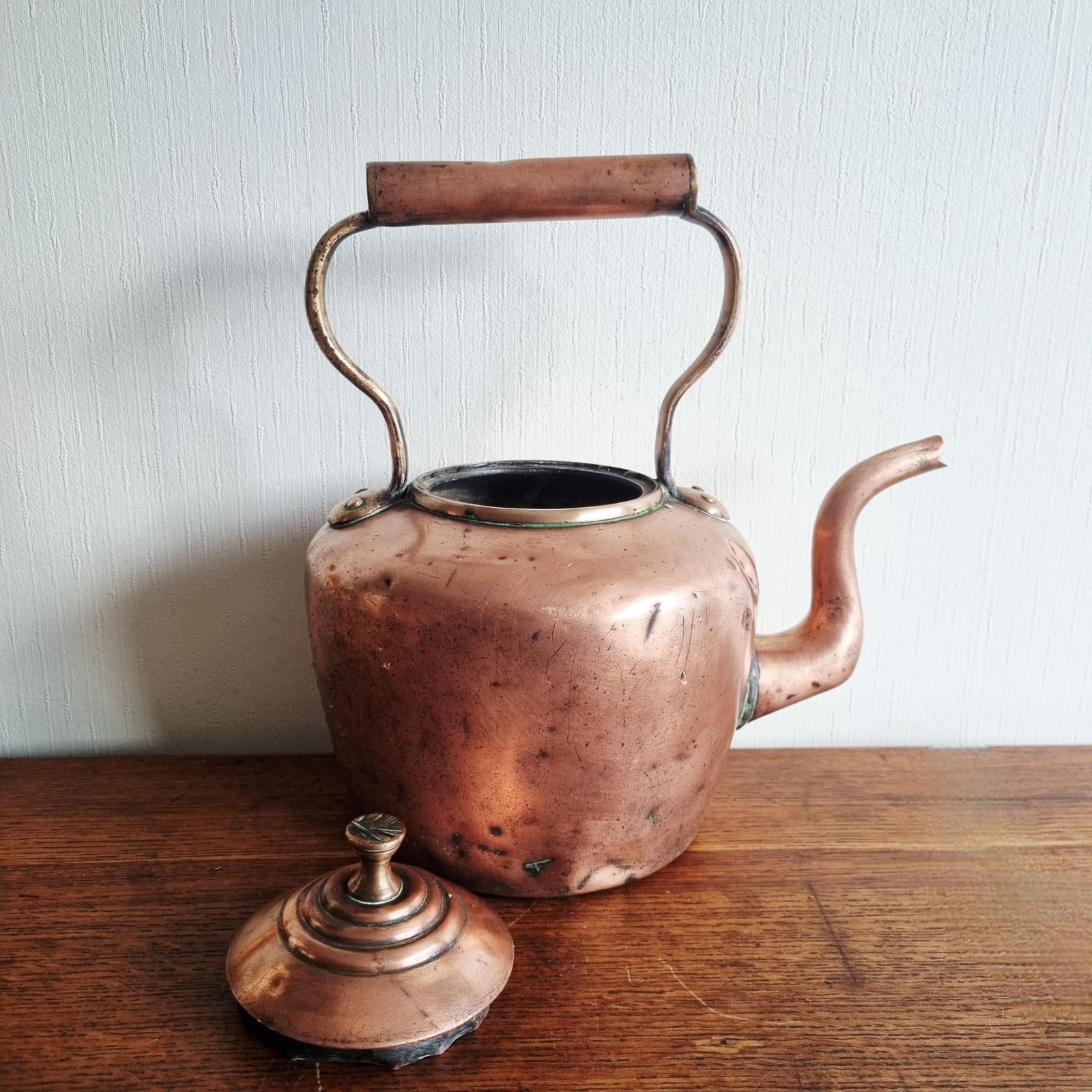 Large Polished Copper Teapot With Handle. Vintage Fireside Kettle photo for sale