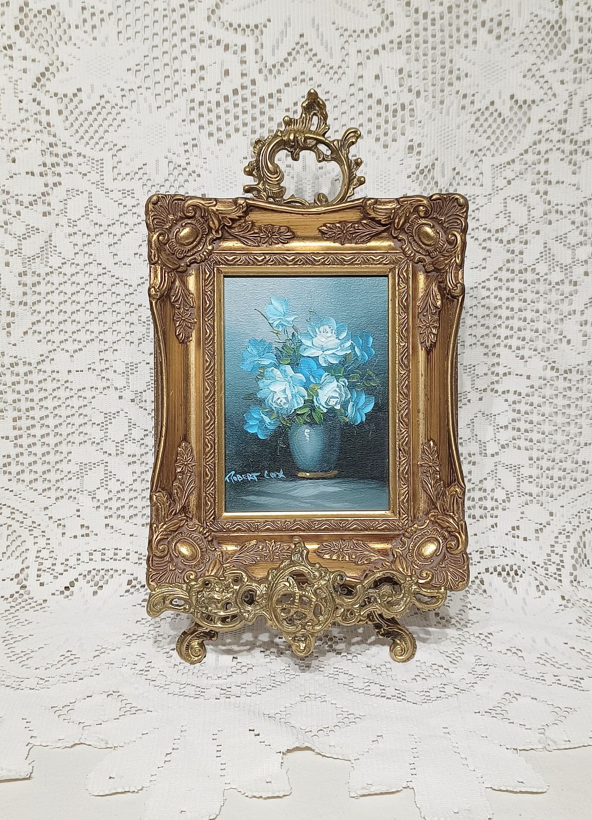 Vintage Floral Oil Painting,Still Life Study Blue White Impasto Flowers Signed Robert Cox ,Gold Gilded Frame.