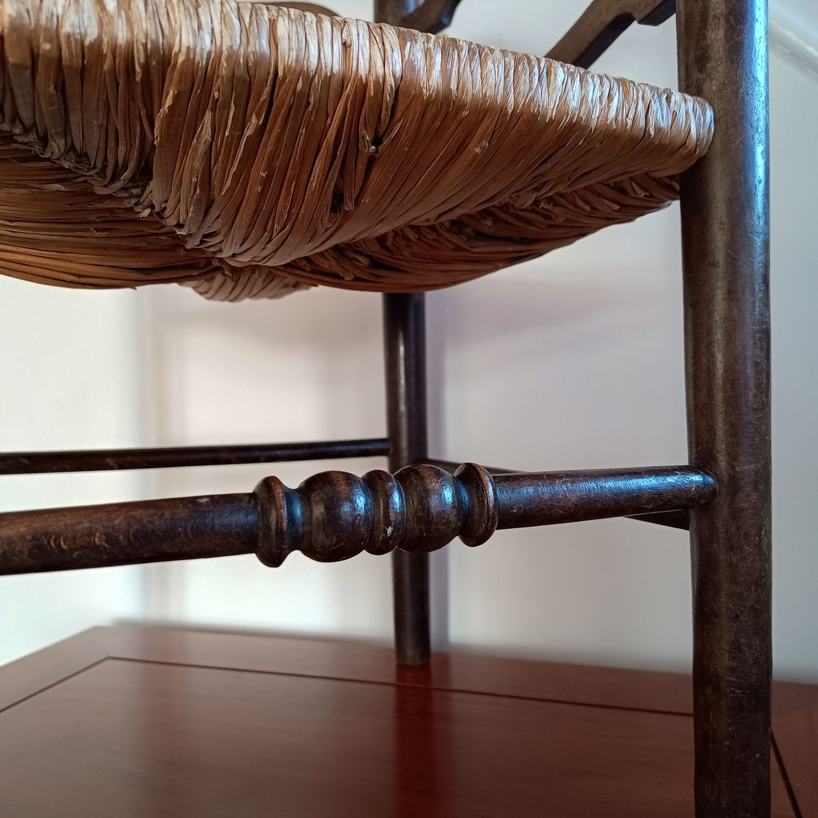 photo vinterior Lancashire Arts & Crafts Small Hall Chair, Serpentine Ladder Back Rush Seat, C.1900
