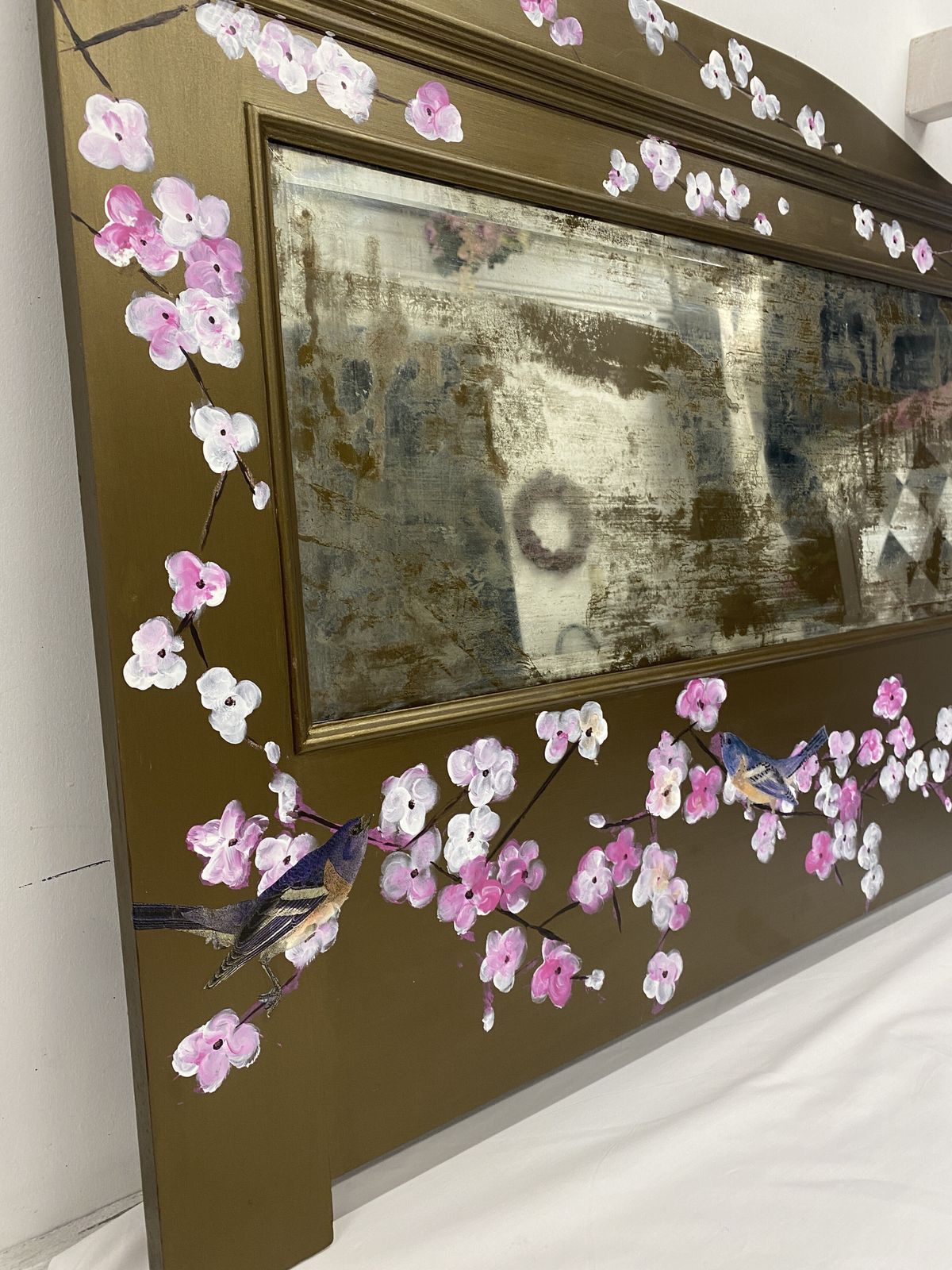 Hand Painted Bronze Chinoiserie Inspired Cherry Blossom Bird Mirror photo 179.0