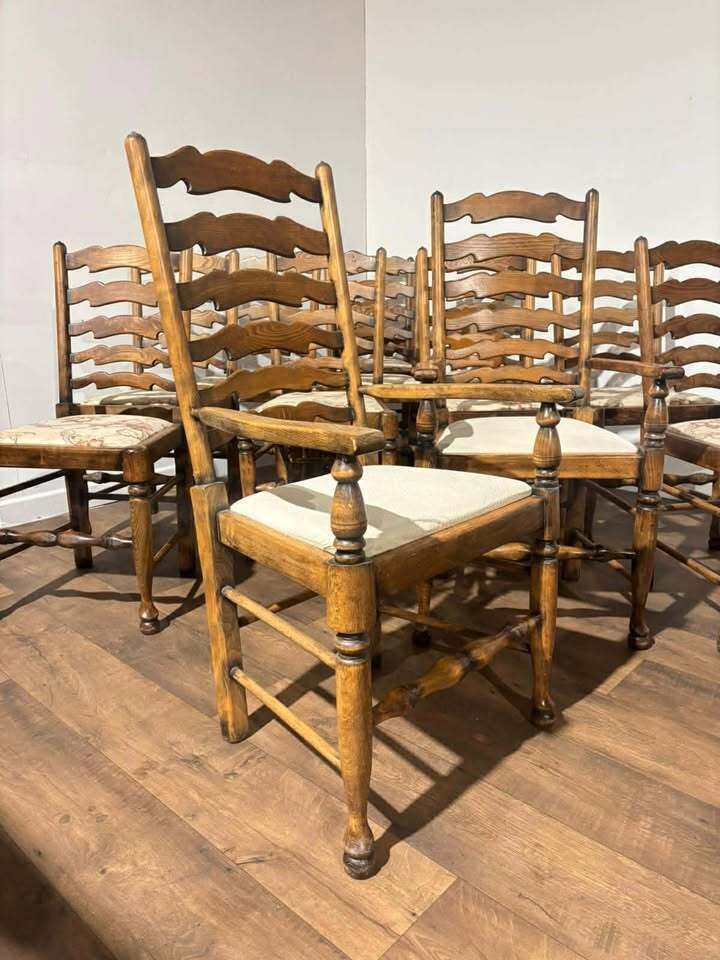 Set Of Twelve Oak Yorkshire Style Ladderback Dining Chairs photo for sale