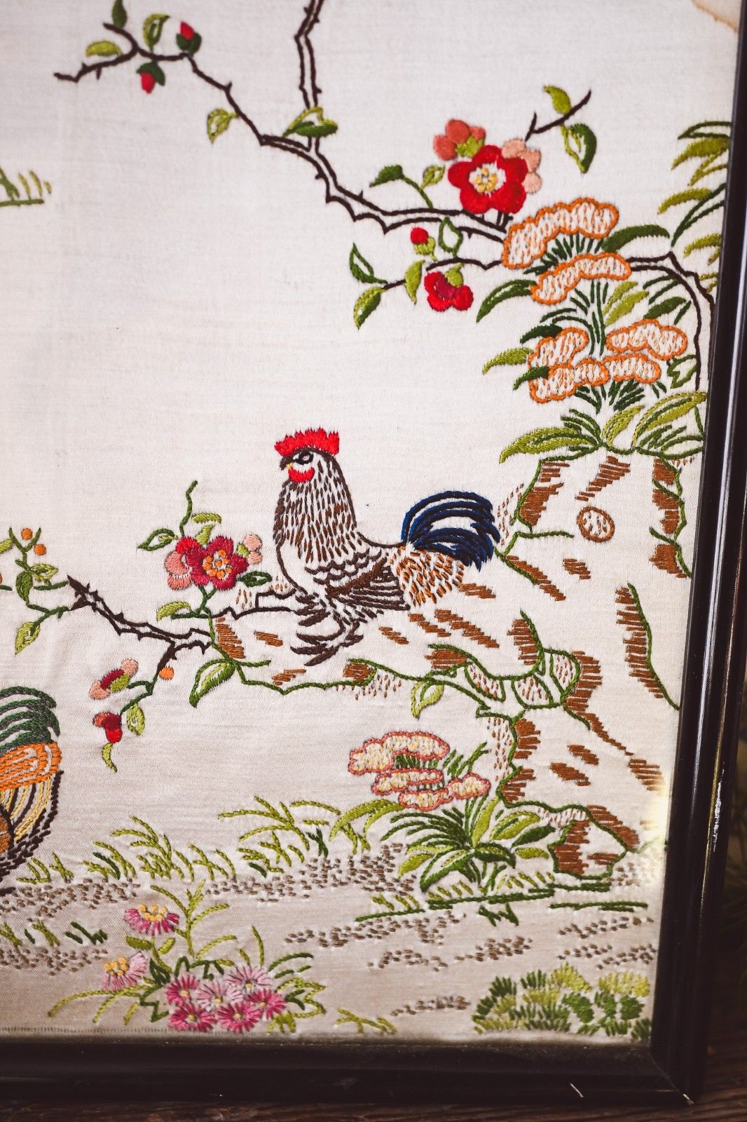 Oriental Art 2 Paintings Canvas Embroidery Peacocks Plum Stream China Japan photo 165.0