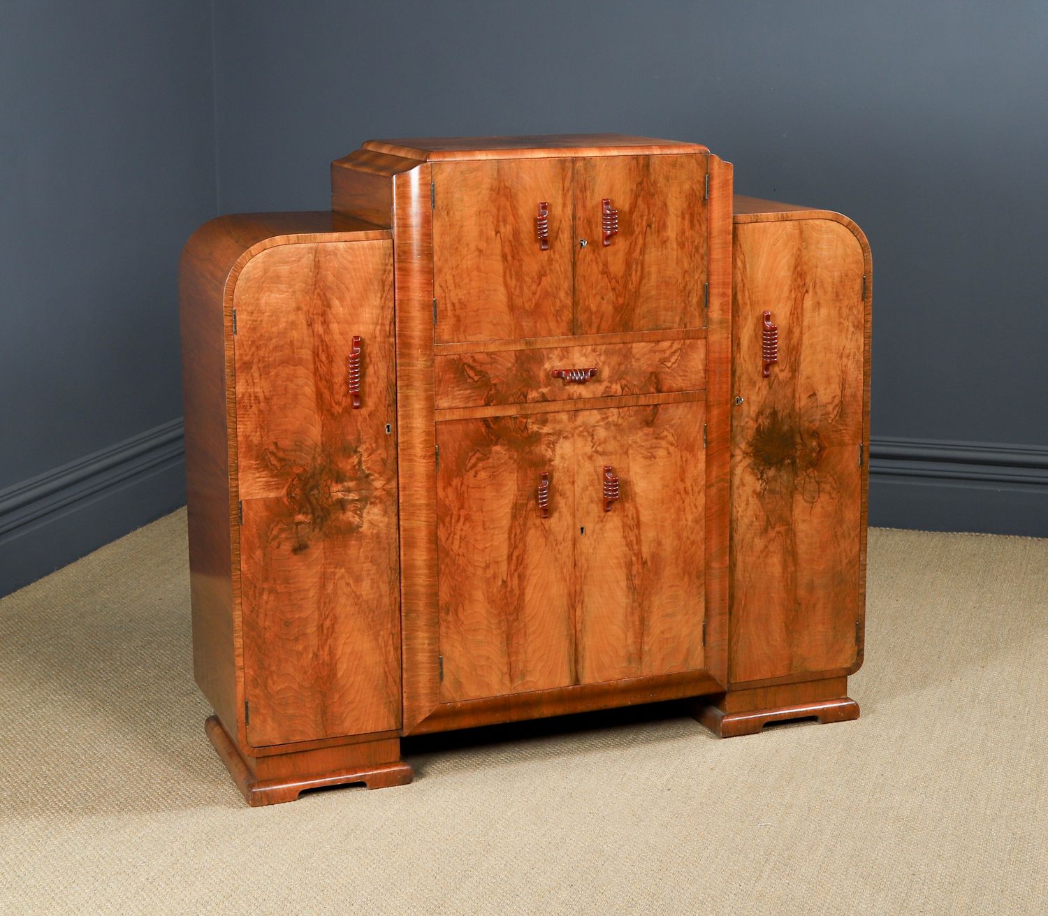 English Art Deco Epstein Electric Figured Walnut Cocktail & Drinks Cabinet (Circa 1930) photo furniture