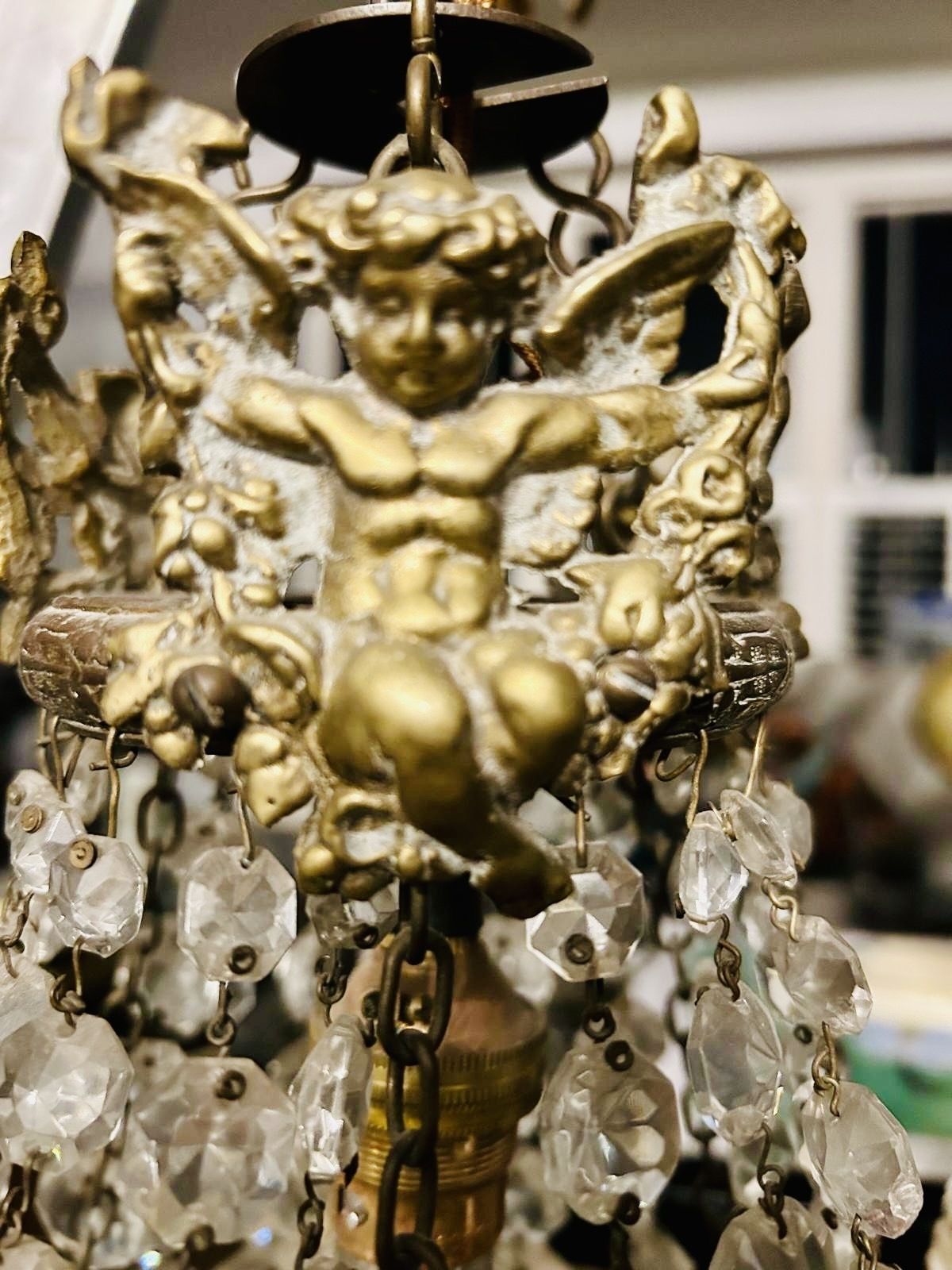 Magnificent Edwardian Crystal Tiered, Brass Cherubs Chandelier  74cm X 41cm photo vinterior