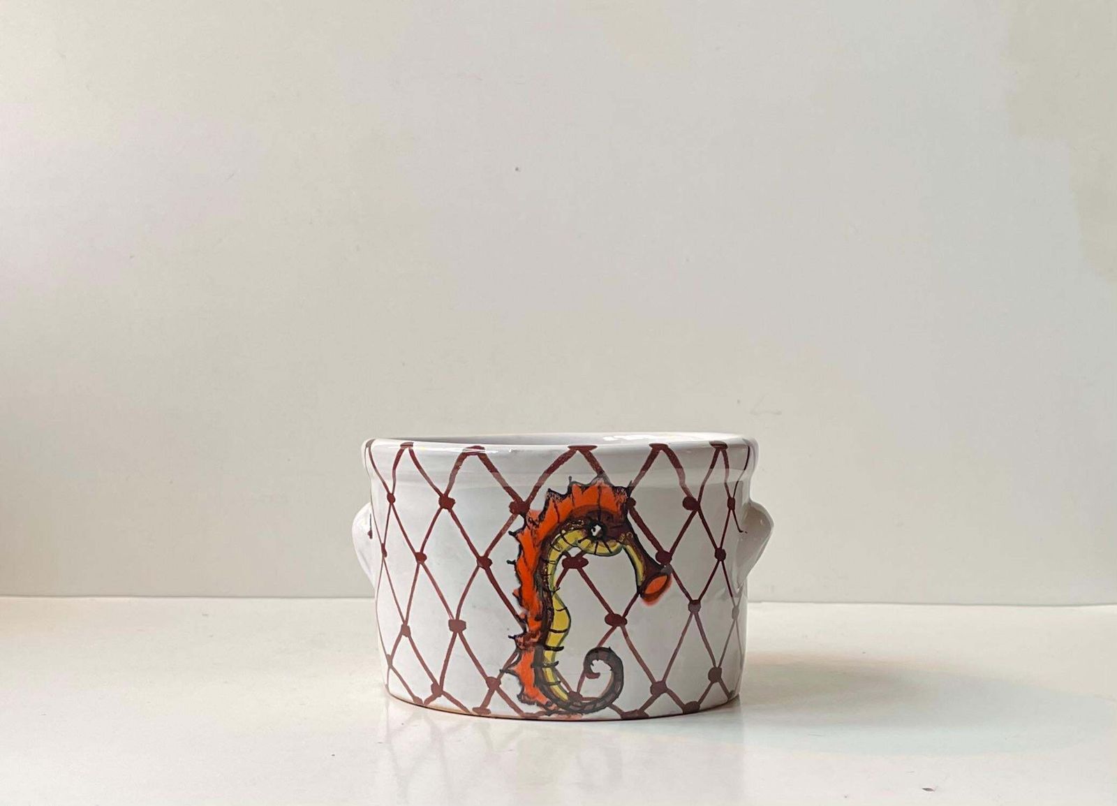 Hand Painted Italian Ceramic Planter W. Seahorse, In The Style Of Guido Gambone photo furniture