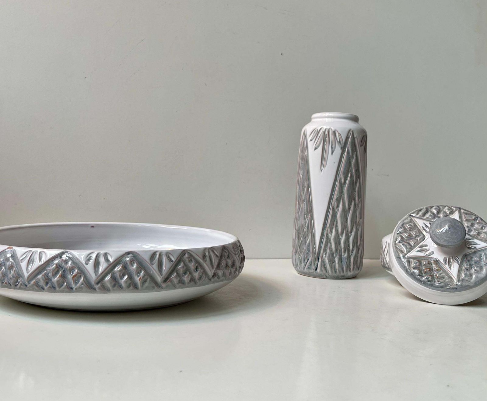 Danish Modern Ceramic Bowl, Trinket And Vase In White & Grey Glaze, 1970s photo for sale