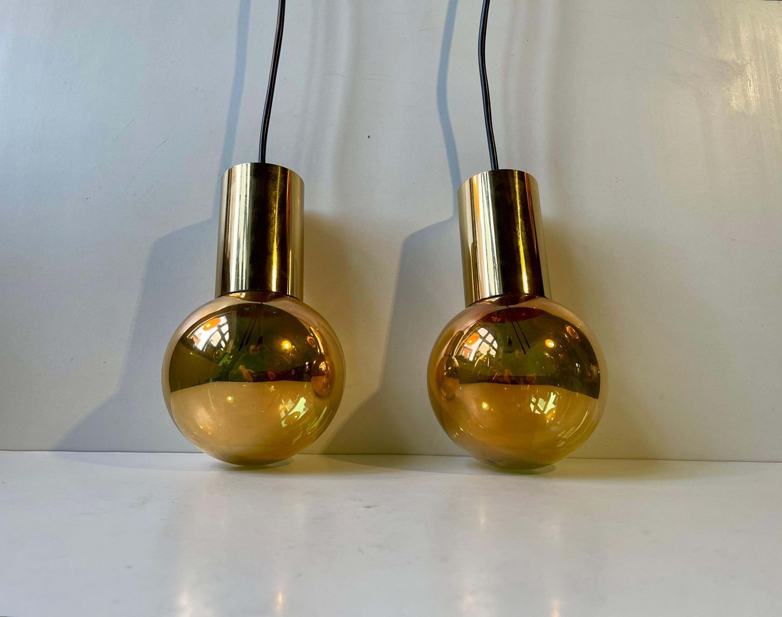 Mid Century Golden Spy Ball Pendant Lamps In Brass By Frimann, 1960s photo vinterior