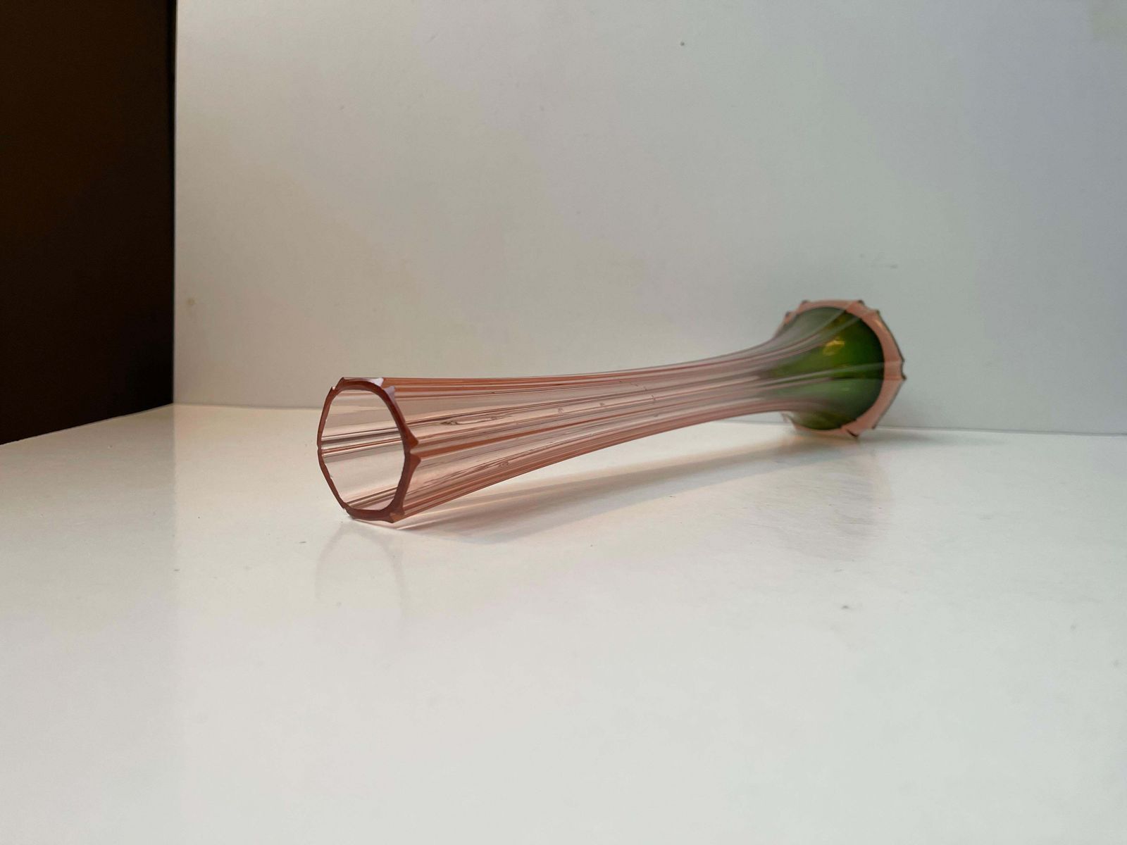 Art Deco Tall French Pink & Green Glass Vase, 1920s photo for sale