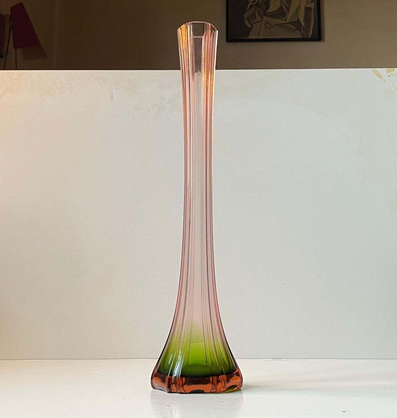 Art Deco Tall French Pink & Green Glass Vase, 1920s photo Home Decor