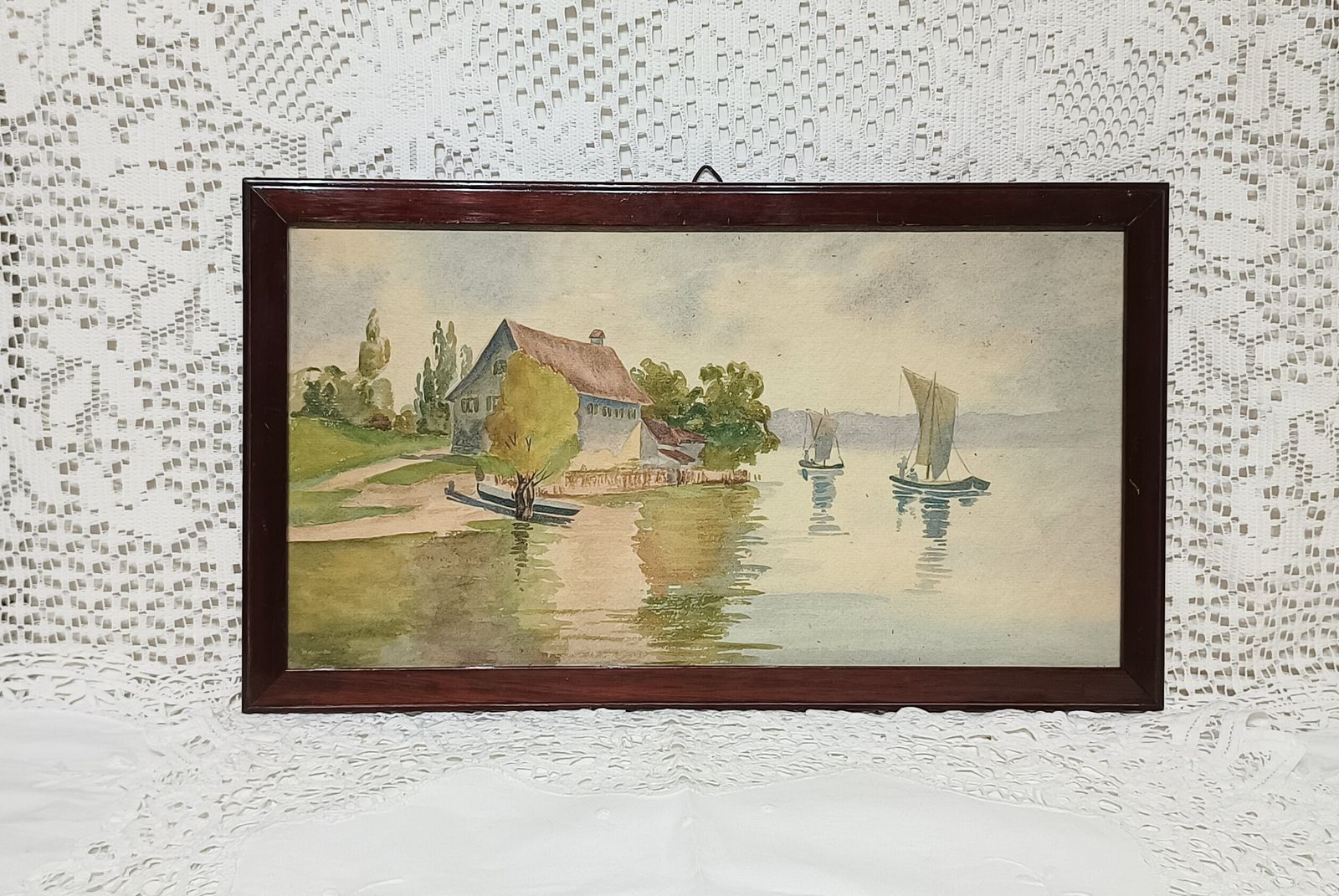 Antique Watercolour Painting, Riverside Cottage And Boats On The River Framed. photo 50.0