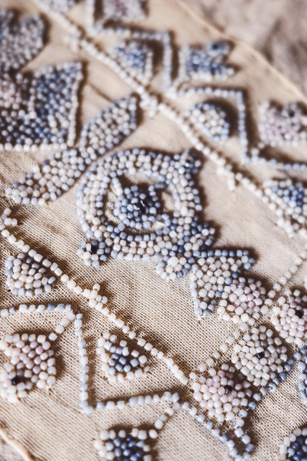 1930s Beaded Embroidery Panel   Blue White Glass Beads On Linen   Antique Folk Art Textile 70x44cm   Handmade Beadwork
