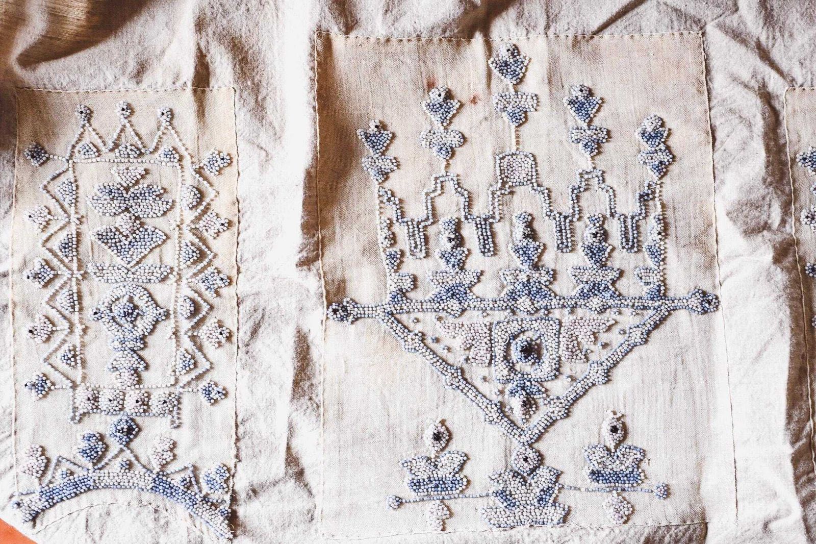 1930s Beaded Embroidery Panel   Blue White Glass Beads On Linen   Antique Folk Art Textile 70x44cm   Handmade Beadwork photo furniture
