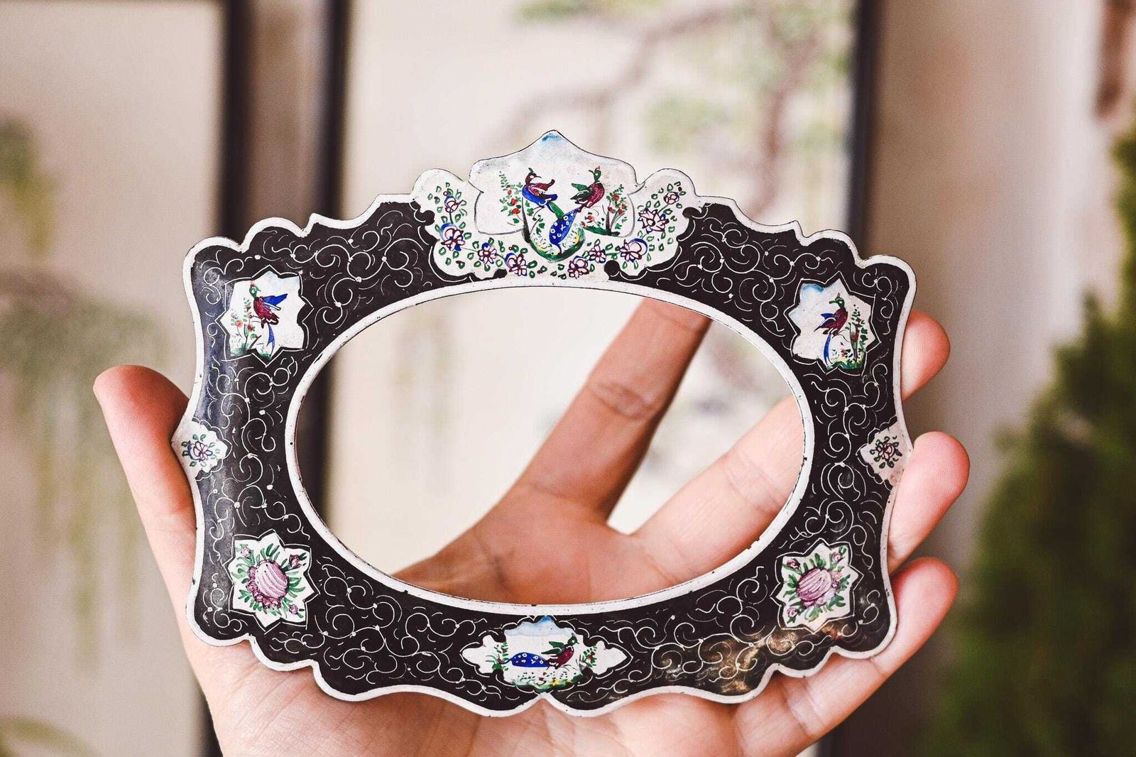Victorian Enamel Photo Frame Peacock Floral Design | Antique Hand Painted Picture Frame | Black White Enamelware | Collectible 15x12cm