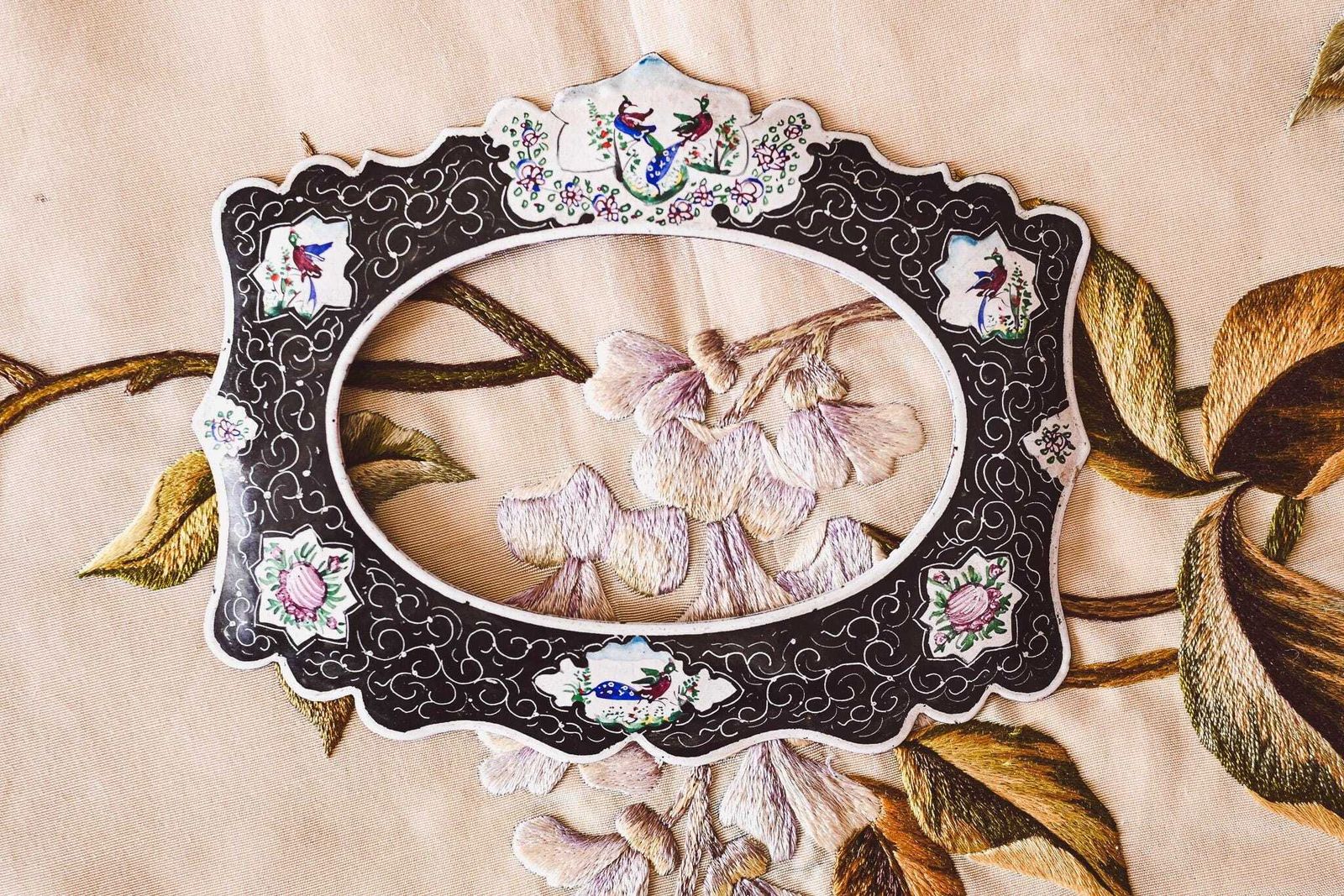 Victorian Enamel Photo Frame Peacock Floral Design | Antique Hand Painted Picture Frame | Black White Enamelware | Collectible 15x12cm photo Home Decor