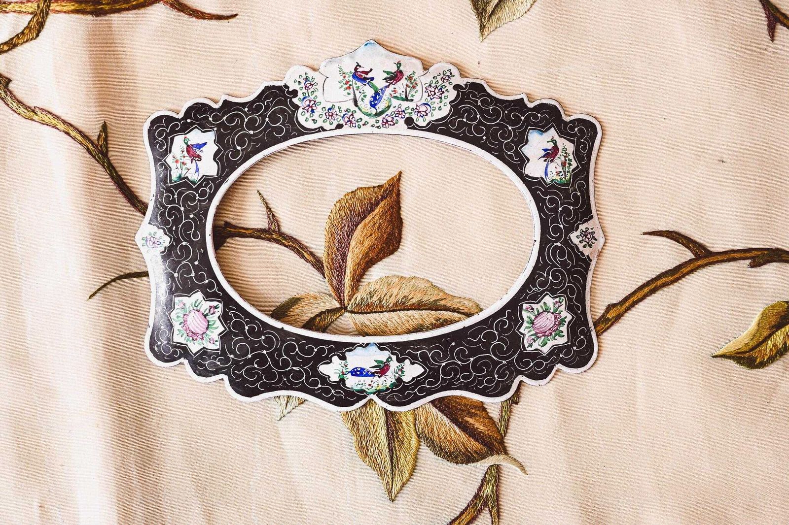 Victorian Enamel Photo Frame Peacock Floral Design | Antique Hand Painted Picture Frame | Black White Enamelware | Collectible 15x12cm photo 165.0