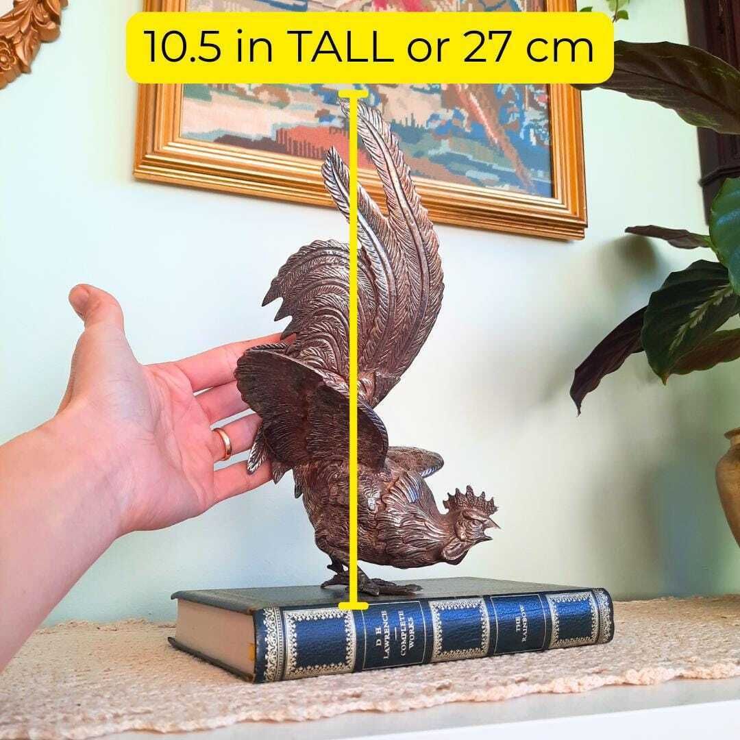 Large Mid Century Italian Silver Tone Metal Cockerel Rooster Statuette photo for sale